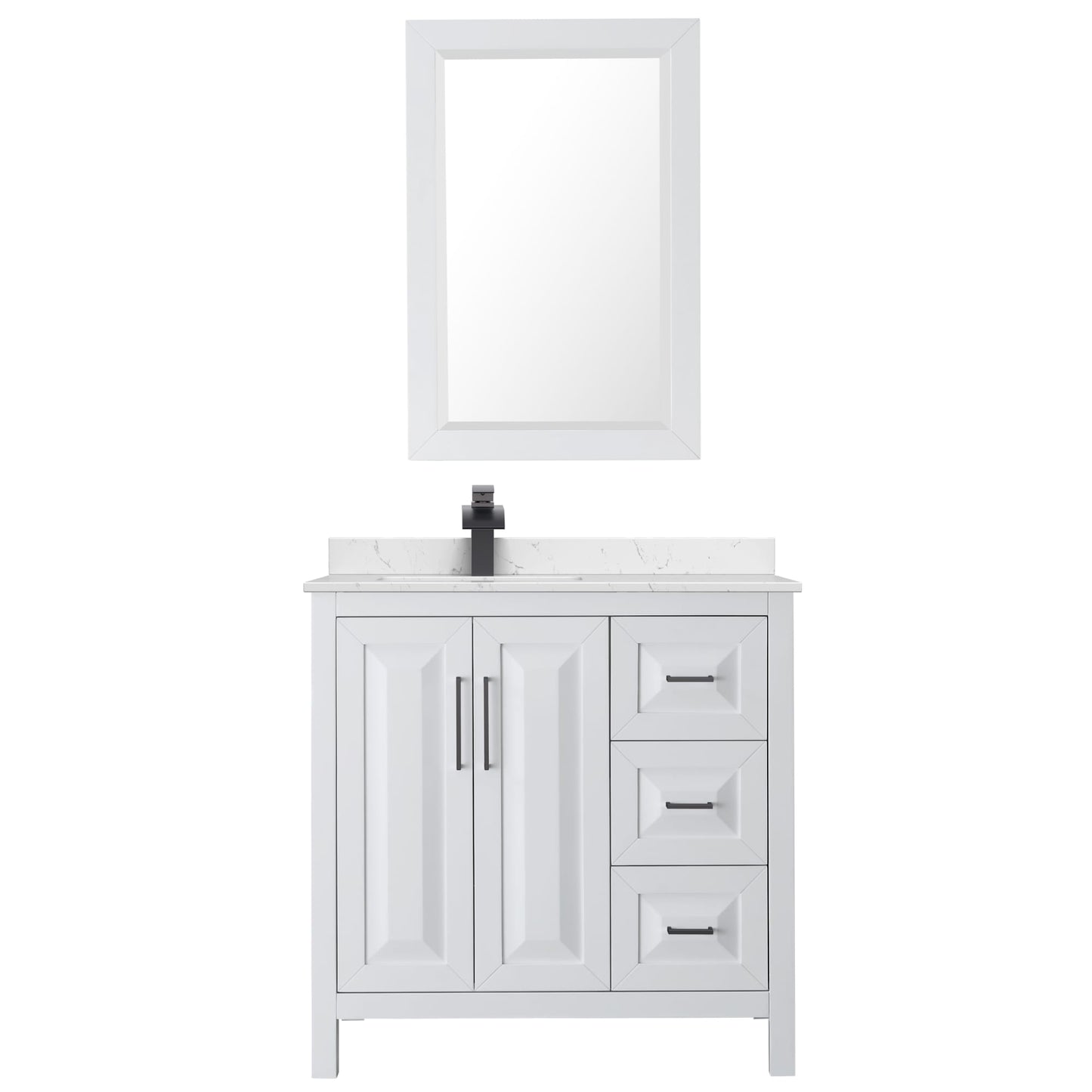 Wyndham Collection Daria 36" Single Bathroom Vanity in White, Carrara Cultured Marble Countertop, Undermount Square Sink (1-Hole), Matte Black Trim, 24" Mirror