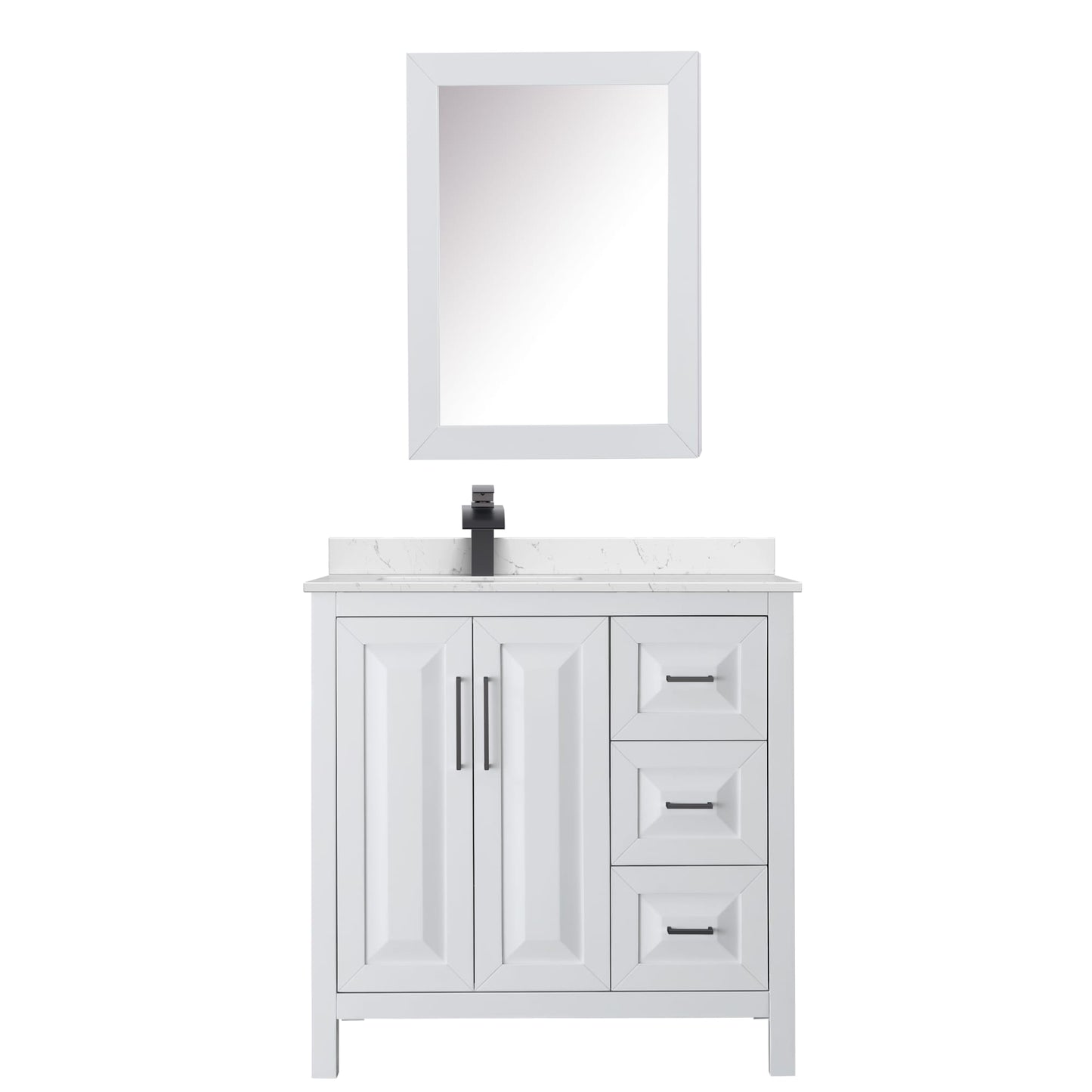 Wyndham Collection Daria 36" Single Bathroom Vanity in White, Carrara Cultured Marble Countertop, Undermount Square Sink (1-Hole), Matte Black Trim, Medicine Cabinet