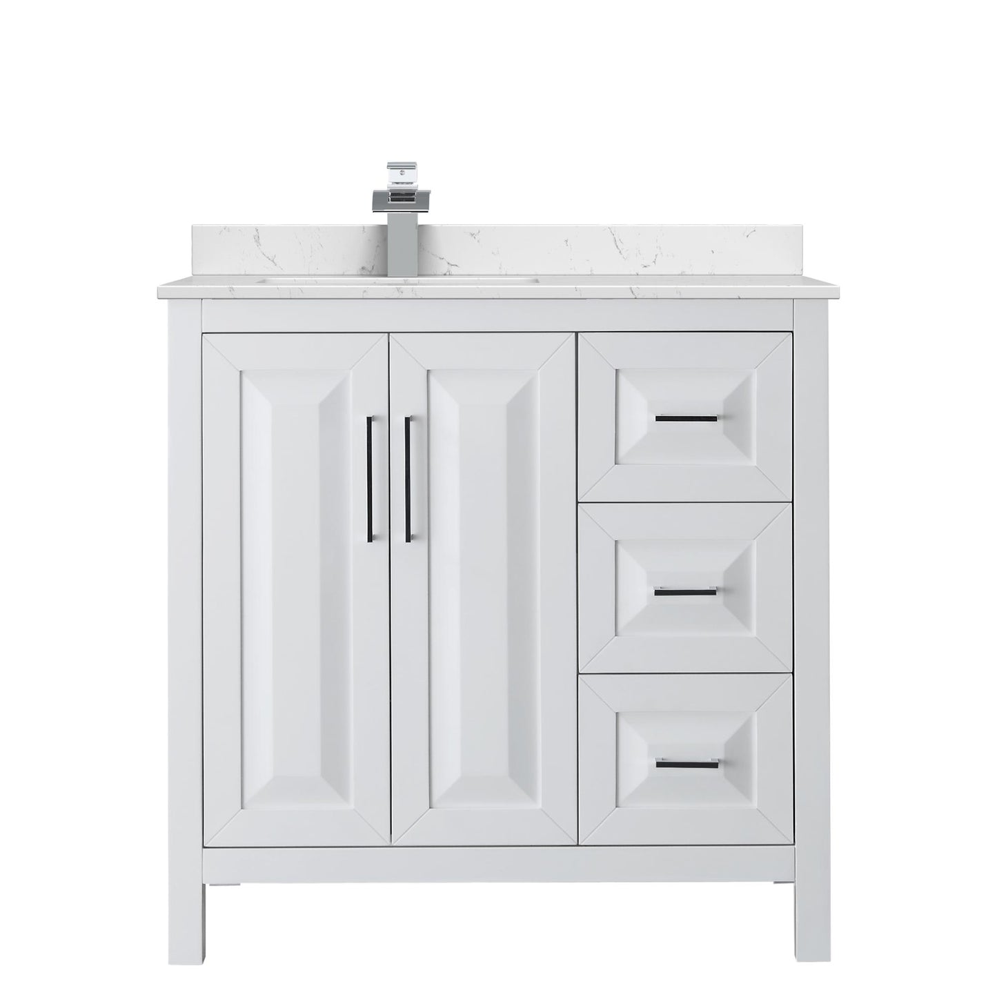 Wyndham Collection Daria 36" Single Bathroom Vanity in White, Carrara Cultured Marble Countertop, Undermount Square Sink (1-Hole), Polished Chrome Trim