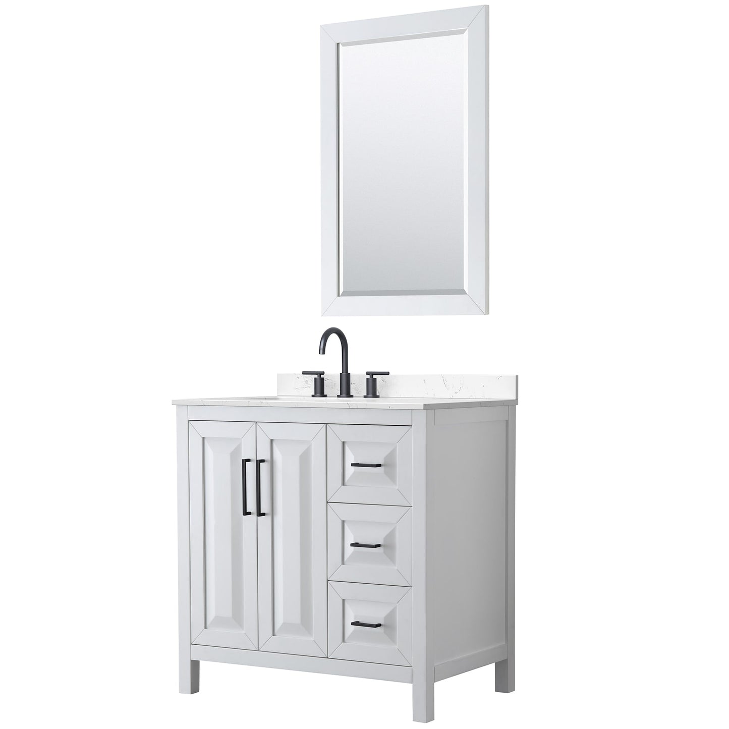 Wyndham Collection Daria 36" Single Bathroom Vanity in White, Carrara Cultured Marble Countertop, Undermount Square Sink (3-Hole), Matte Black Trim, 24" Mirror