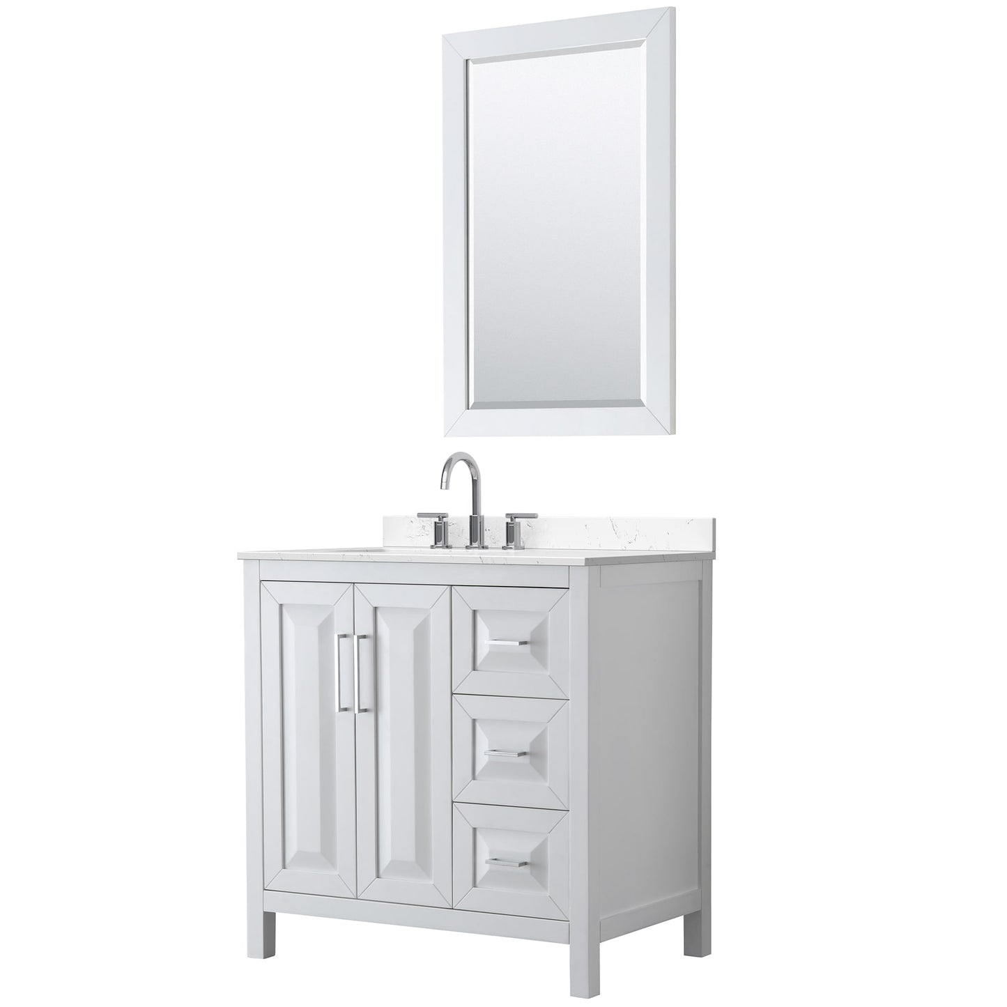 Wyndham Collection Daria 36" Single Bathroom Vanity in White, Carrara Cultured Marble Countertop, Undermount Square Sink (3-Hole), Polished Chrome Trim, 24" Mirror