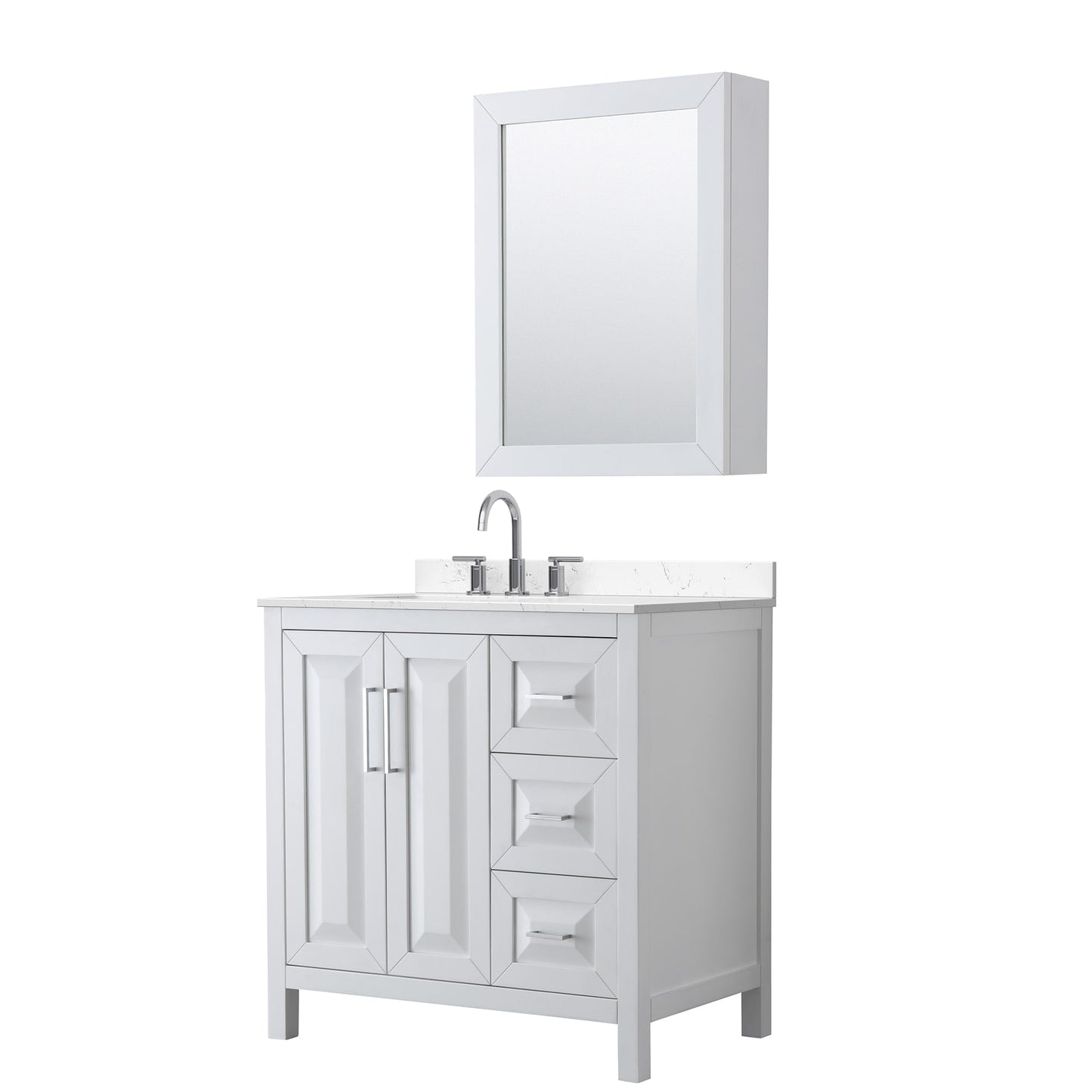 Wyndham Collection Daria 36" Single Bathroom Vanity in White, Carrara Cultured Marble Countertop, Undermount Square Sink (3-Hole), Polished Chrome Trim, Medicine Cabinet