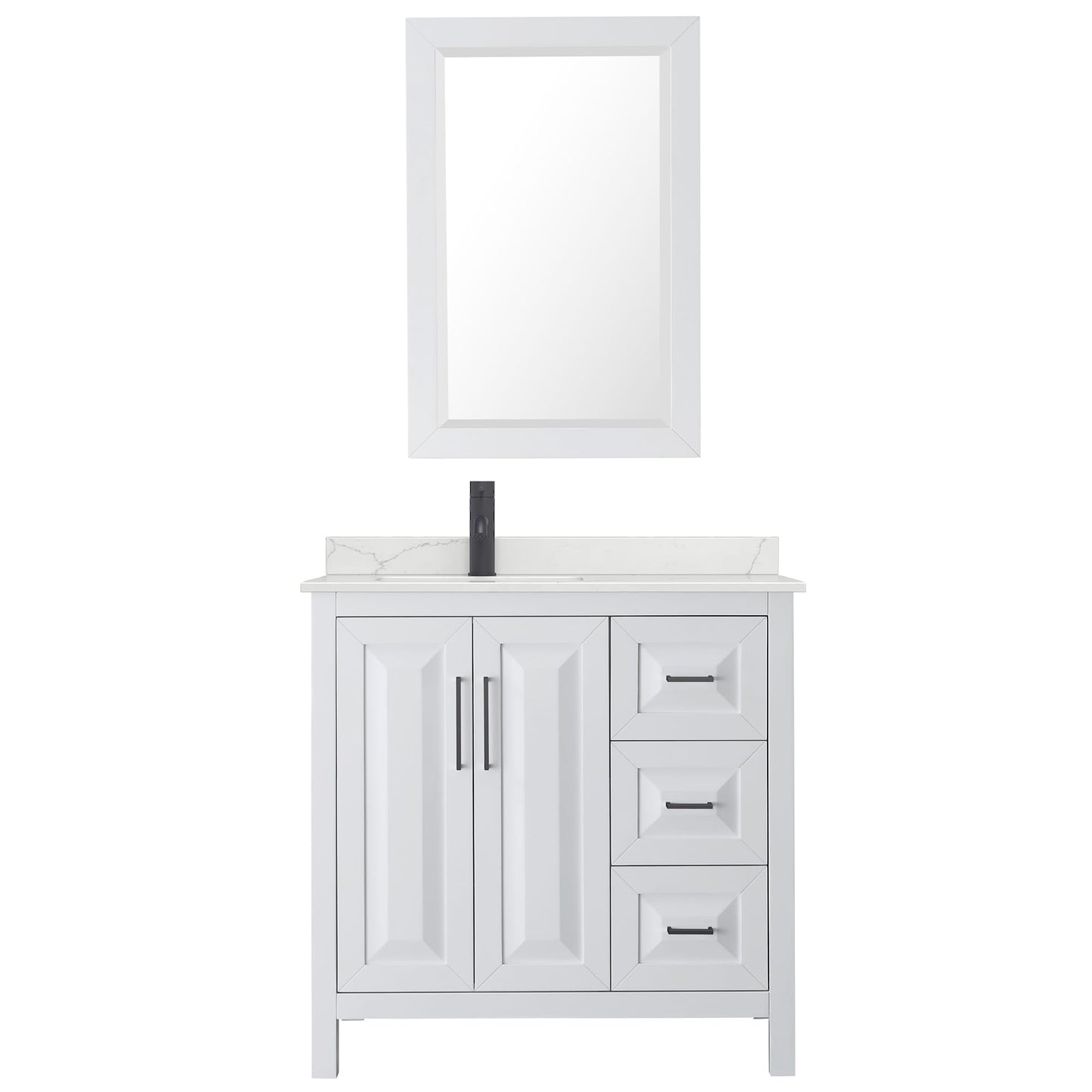 Wyndham Collection Daria 36" Single Bathroom Vanity in White, Giotto Quartz Countertop, Undermount Square Sink (1-Hole), Matte Black Trim, 24" Mirror