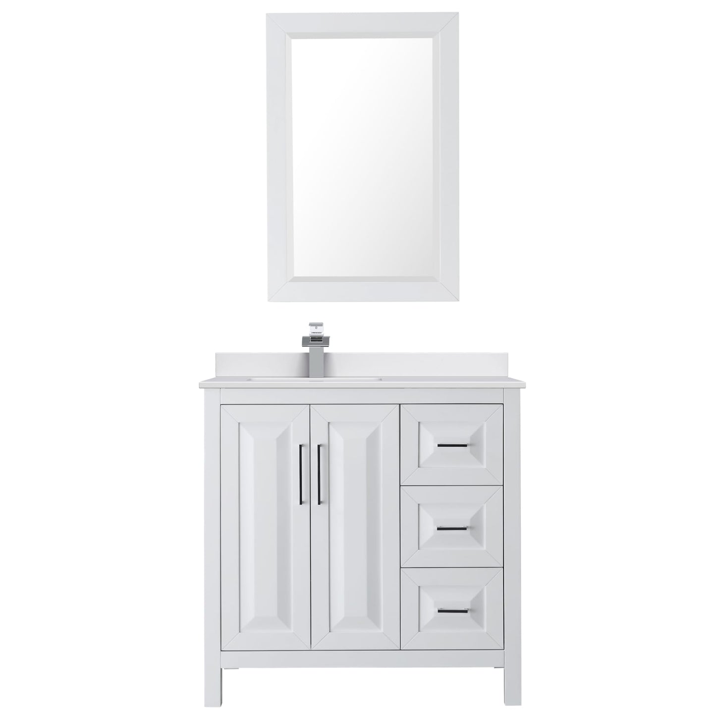 Wyndham Collection Daria 36" Single Bathroom Vanity in White, White Cultured Marble Countertop, Undermount Square Sink (1-Hole), Polished Chrome Trim, 24" Mirror