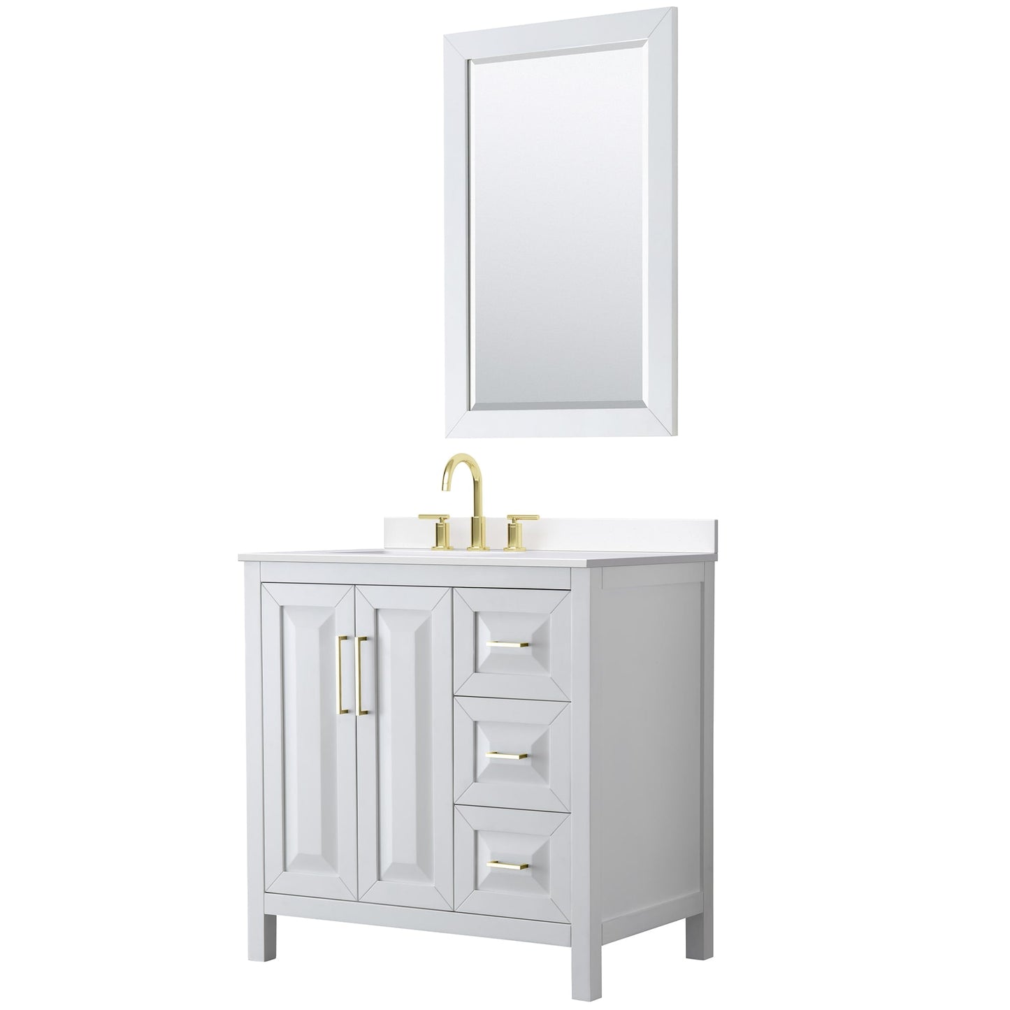 Wyndham Collection Daria 36" Single Bathroom Vanity in White, White Cultured Marble Countertop, Undermount Square Sink (3-Hole), Brushed Gold Trim, 24" Mirror