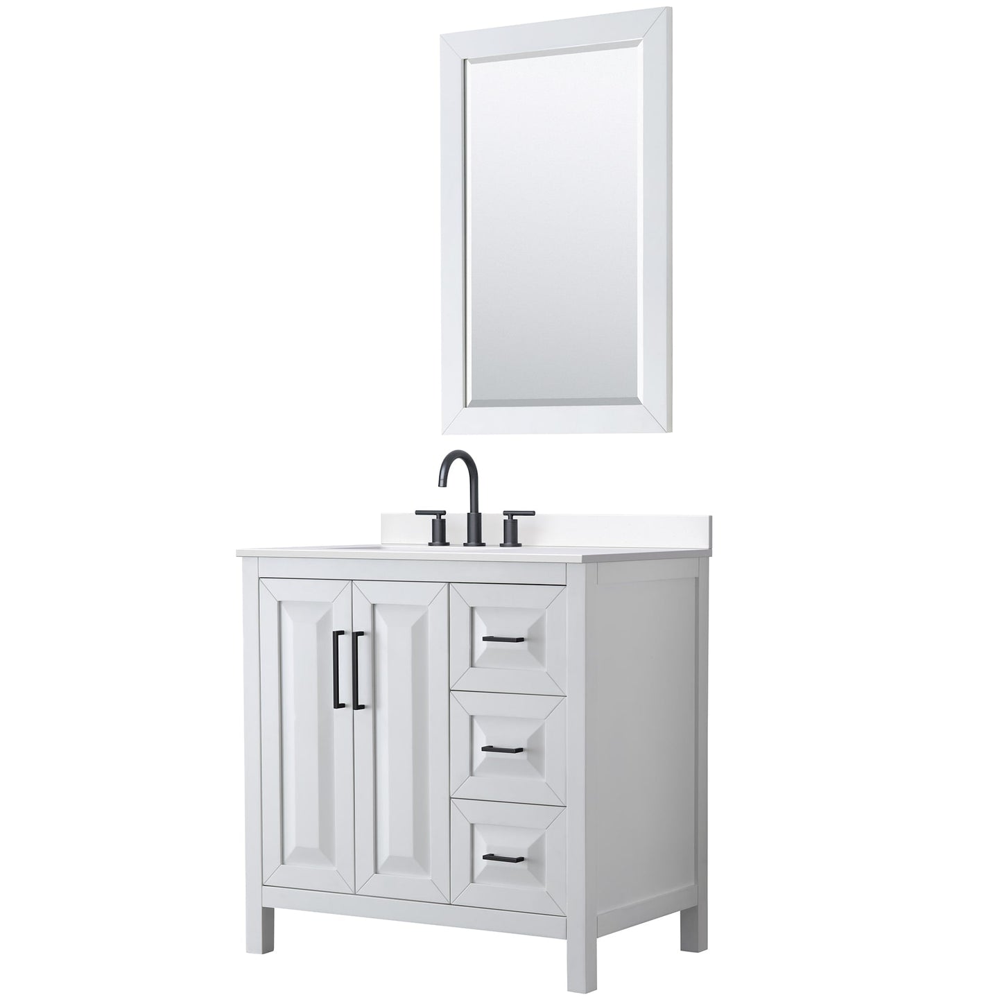 Wyndham Collection Daria 36" Single Bathroom Vanity in White, White Cultured Marble Countertop, Undermount Square Sink (3-Hole), Matte Black Trim, 24" Mirror