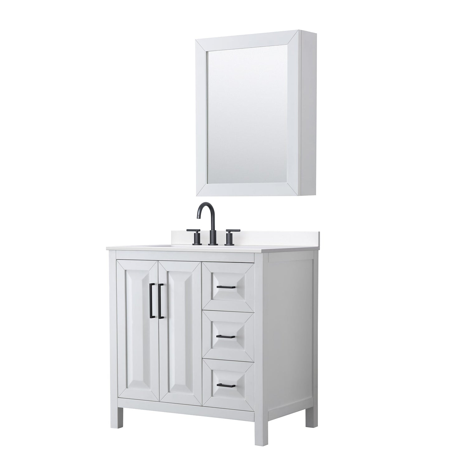 Wyndham Collection Daria 36" Single Bathroom Vanity in White, White Cultured Marble Countertop, Undermount Square Sink (3-Hole), Matte Black Trim, Medicine Cabinet