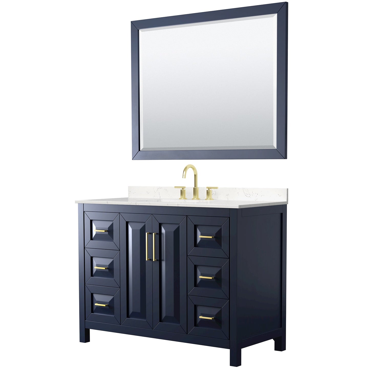 Wyndham Collection Daria 48" Single Bathroom Vanity in Dark Blue, Carrara Cultured Marble Countertop, Undermount Square Sink (3-Hole), Brushed Gold Trim, 46" Mirror