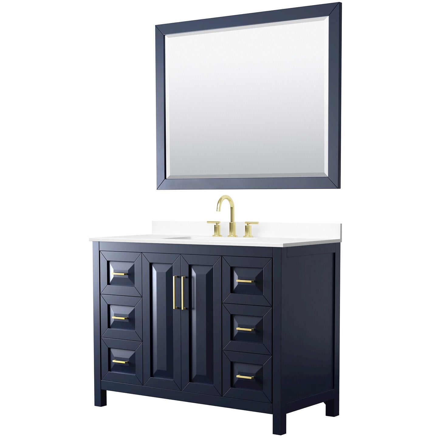Wyndham Collection Daria 48" Single Bathroom Vanity in Dark Blue, White Cultured Marble Countertop, Undermount Square Sink (3-Hole), Brushed Gold Trim, 46" Mirror