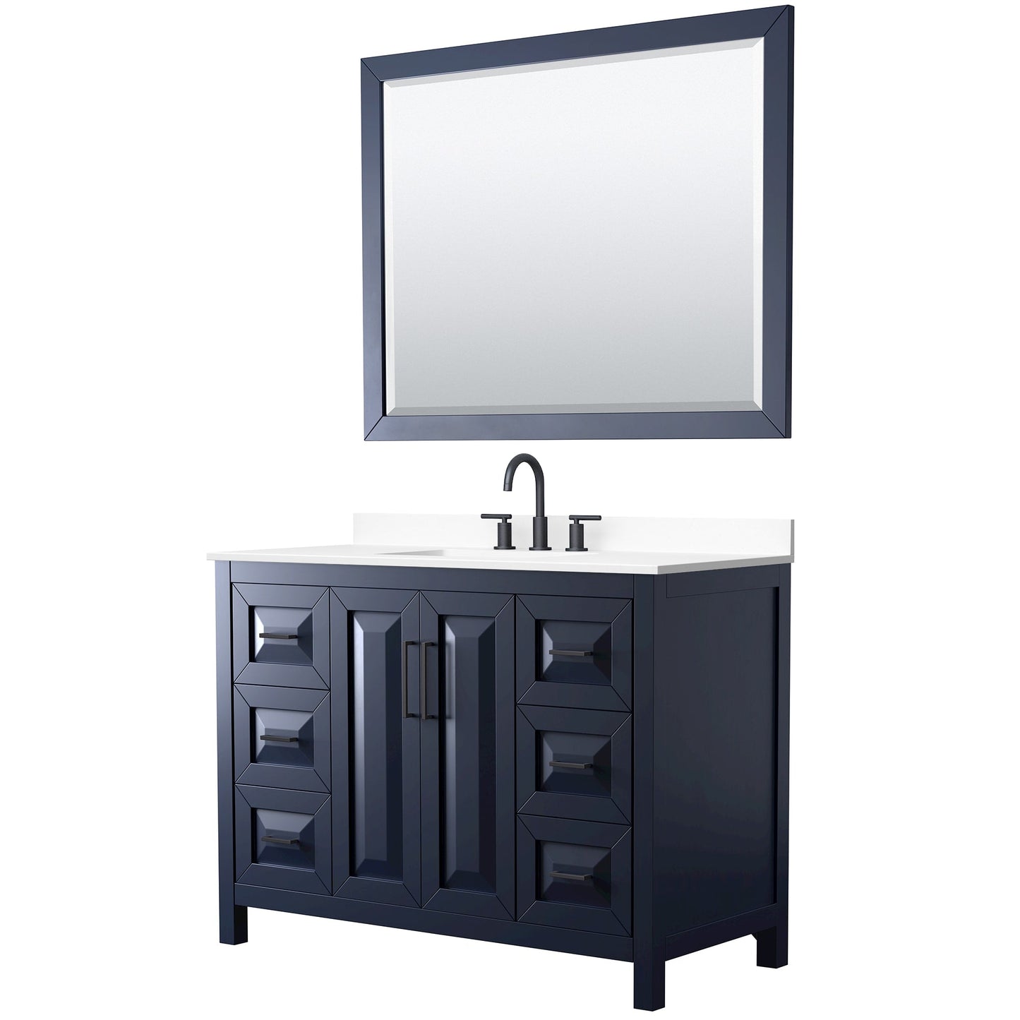 Wyndham Collection Daria 48" Single Bathroom Vanity in Dark Blue, White Cultured Marble Countertop, Undermount Square Sink (3-Hole), Matte Black Trim, 46" Mirror