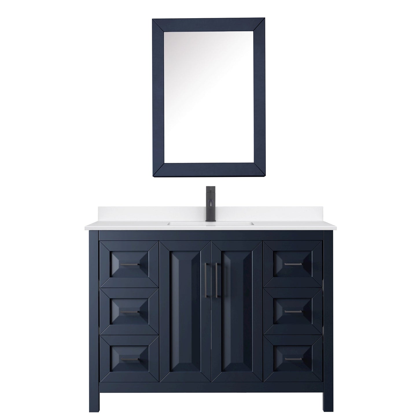 Wyndham Collection Daria 48" Single Bathroom Vanity in Dark Blue, White Quartz Countertop, Undermount Square Sink (1-Hole), Matte Black Trim, Medicine Cabinet