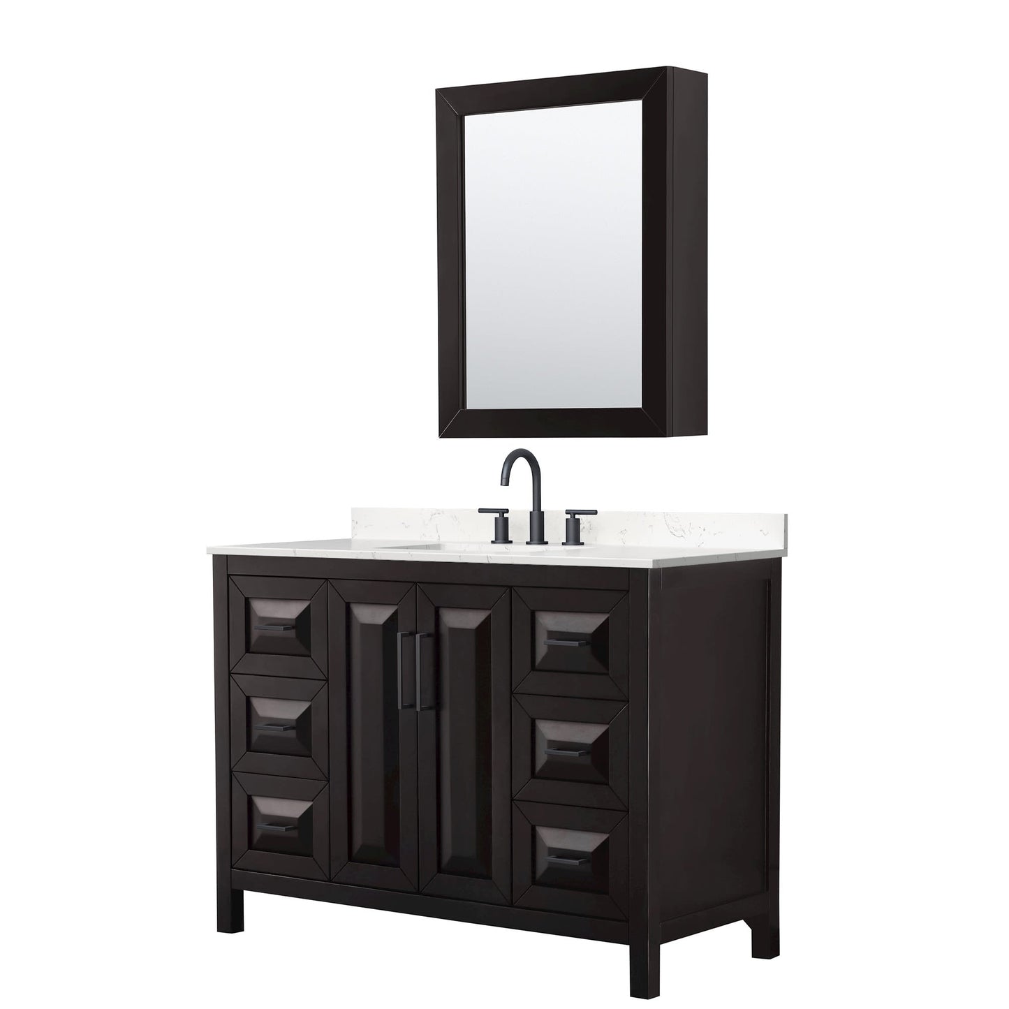 Wyndham Collection Daria 48" Single Bathroom Vanity in Dark Espresso, Carrara Cultured Marble Countertop, Undermount Square Sink (3-Hole), Matte Black Trim, Medicine Cabinet