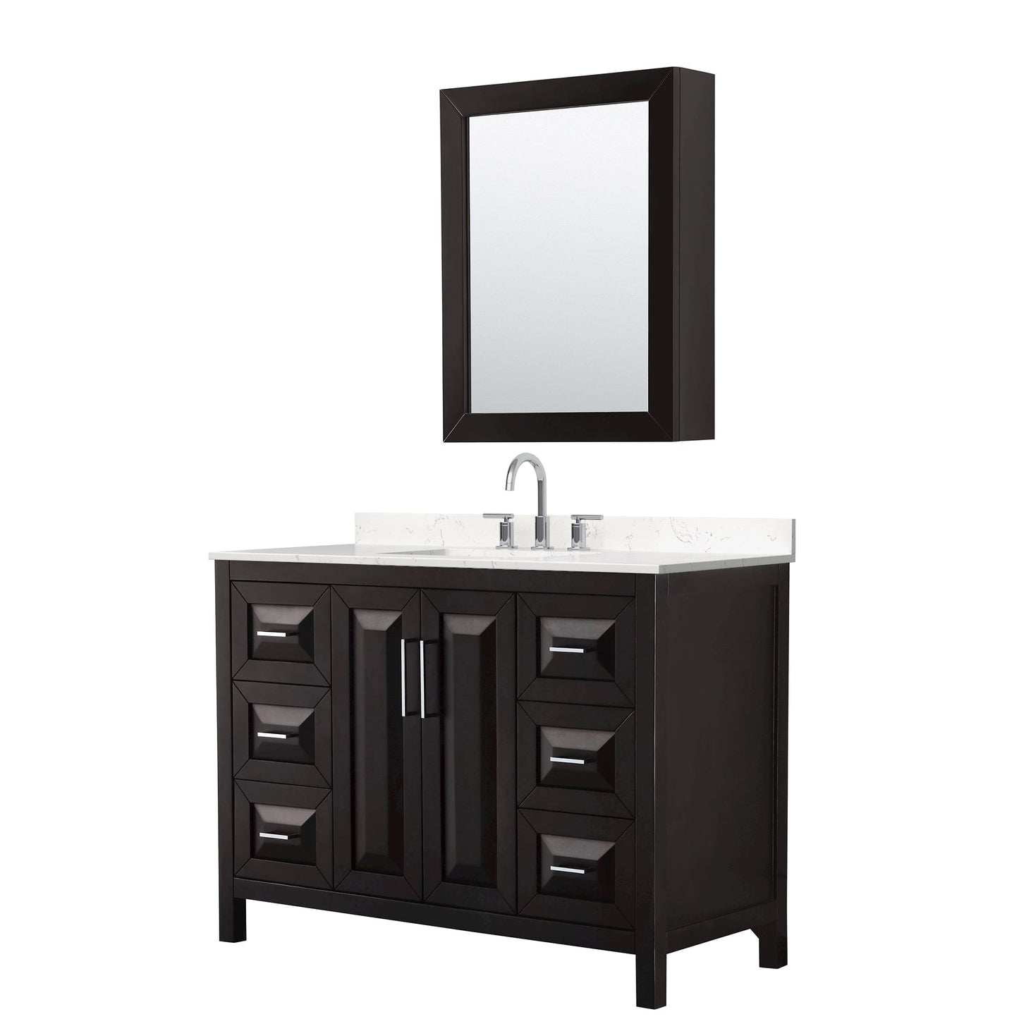 Wyndham Collection Daria 48" Single Bathroom Vanity in Dark Espresso, Carrara Cultured Marble Countertop, Undermount Square Sink (3-Hole), Polished Chrome Trim, Medicine Cabinet