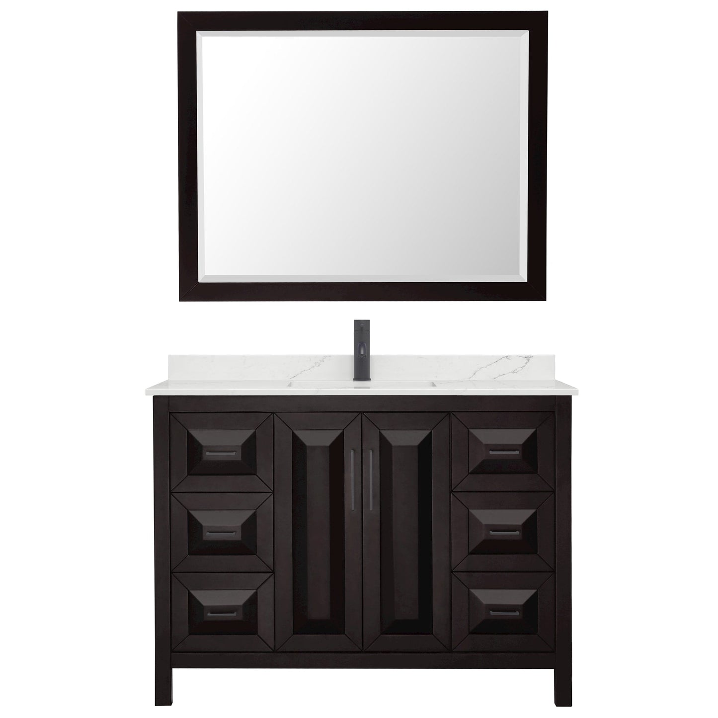 Wyndham Collection Daria 48" Single Bathroom Vanity in Dark Espresso, Giotto Quartz Countertop, Undermount Square Sink (1-Hole), Matte Black Trim, 46" Mirror