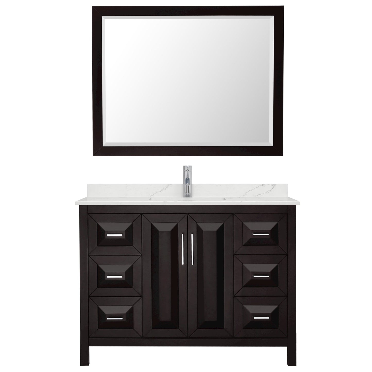 Wyndham Collection Daria 48" Single Bathroom Vanity in Dark Espresso, Giotto Quartz Countertop, Undermount Square Sink (1-Hole), Polished Chrome Trim, 46" Mirror