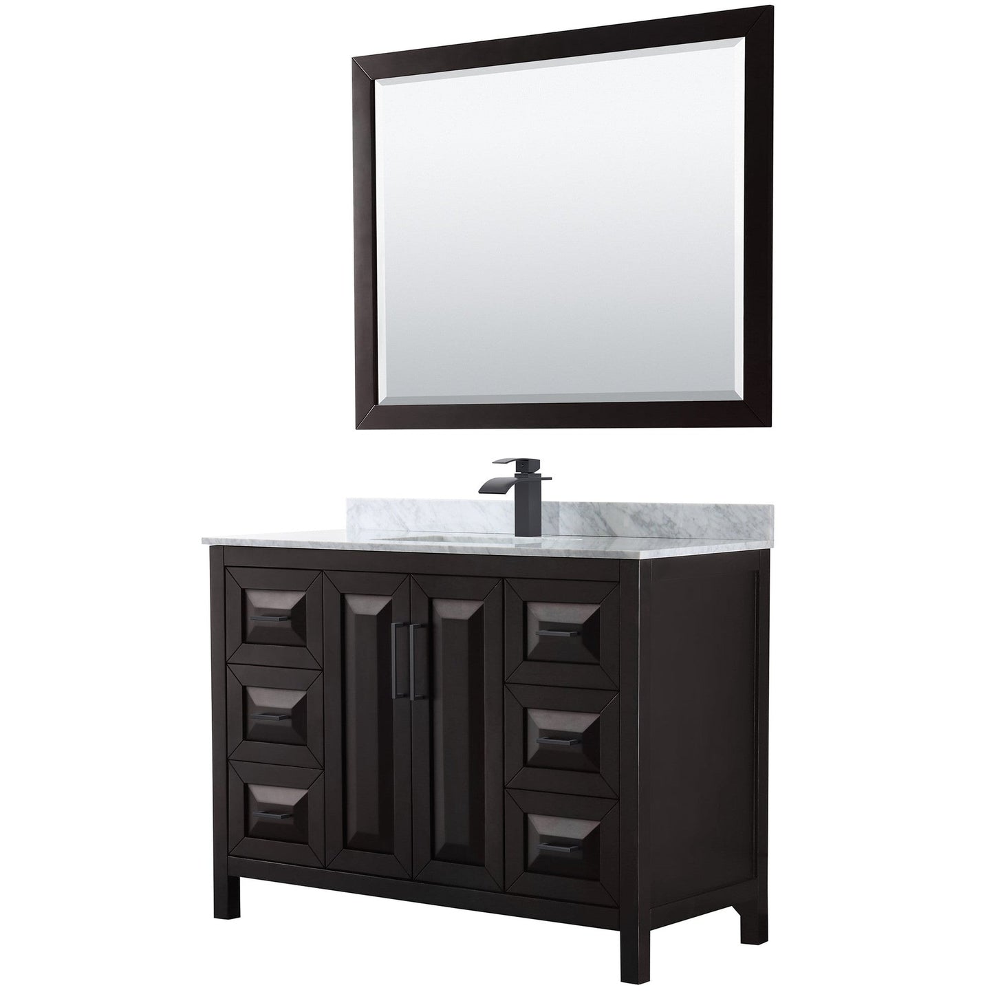 Wyndham Collection Daria 48" Single Bathroom Vanity in Dark Espresso, White Carrara Marble Countertop, Undermount Square Sink, Matte Black Trim, 46" Mirror