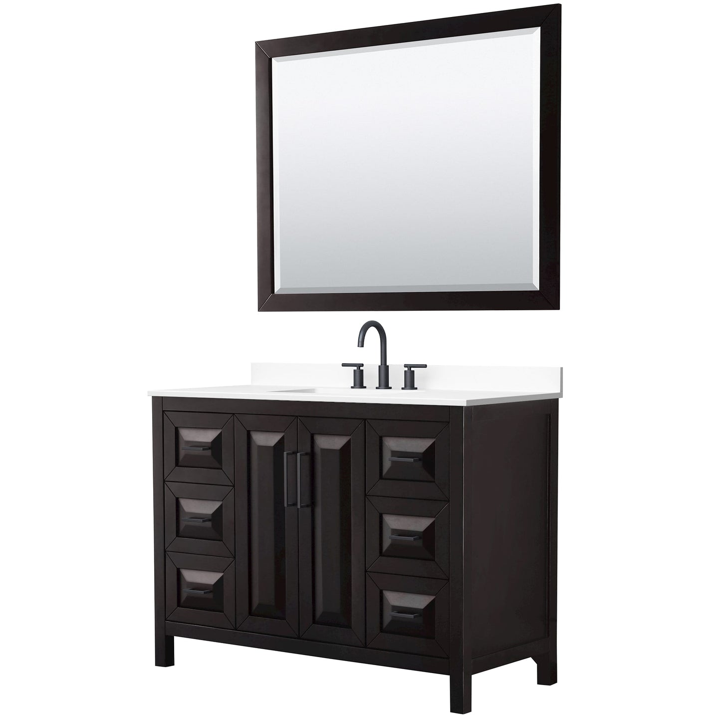 Wyndham Collection Daria 48" Single Bathroom Vanity in Dark Espresso, White Cultured Marble Countertop, Undermount Square Sink (3-Hole), Matte Black Trim, 46" Mirror
