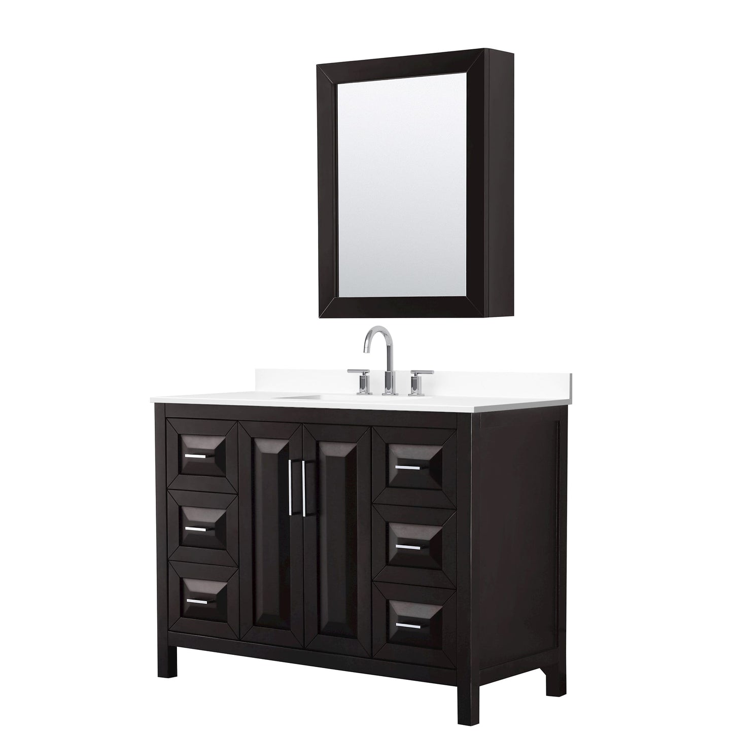 Wyndham Collection Daria 48" Single Bathroom Vanity in Dark Espresso, White Cultured Marble Countertop, Undermount Square Sink (3-Hole), Polished Chrome Trim, Medicine Cabinet