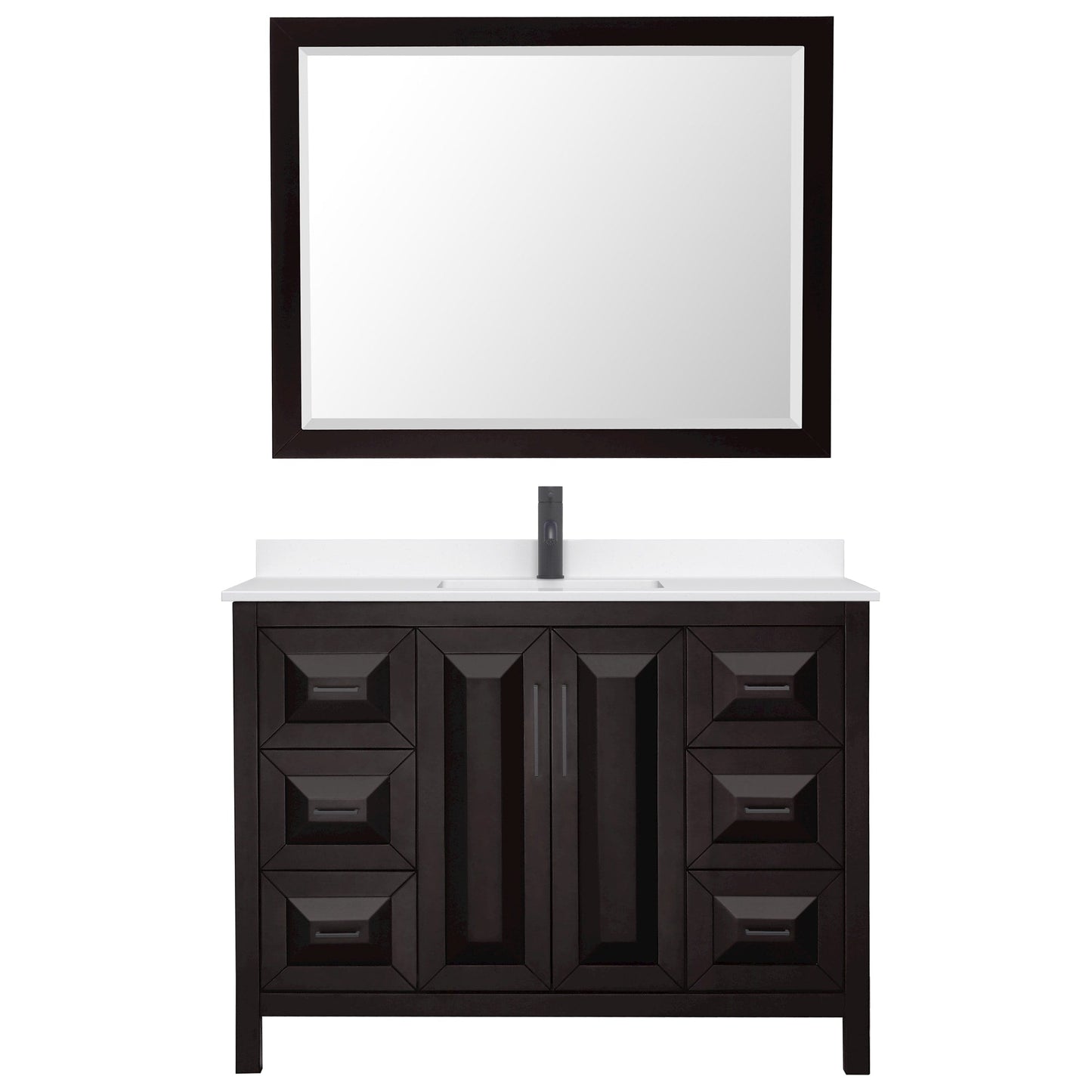 Wyndham Collection Daria 48" Single Bathroom Vanity in Dark Espresso, White Quartz Countertop, Undermount Square Sink (1-Hole), Matte Black Trim, 46" Mirror