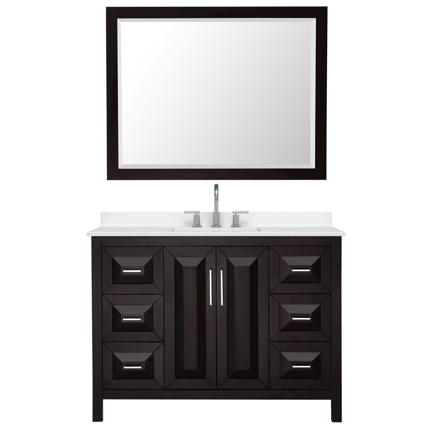 Wyndham Collection Daria 48" Single Bathroom Vanity in Dark Espresso, White Quartz Countertop, Undermount Square Sink (3-Hole), Polished Chrome Trim, 46" Mirror