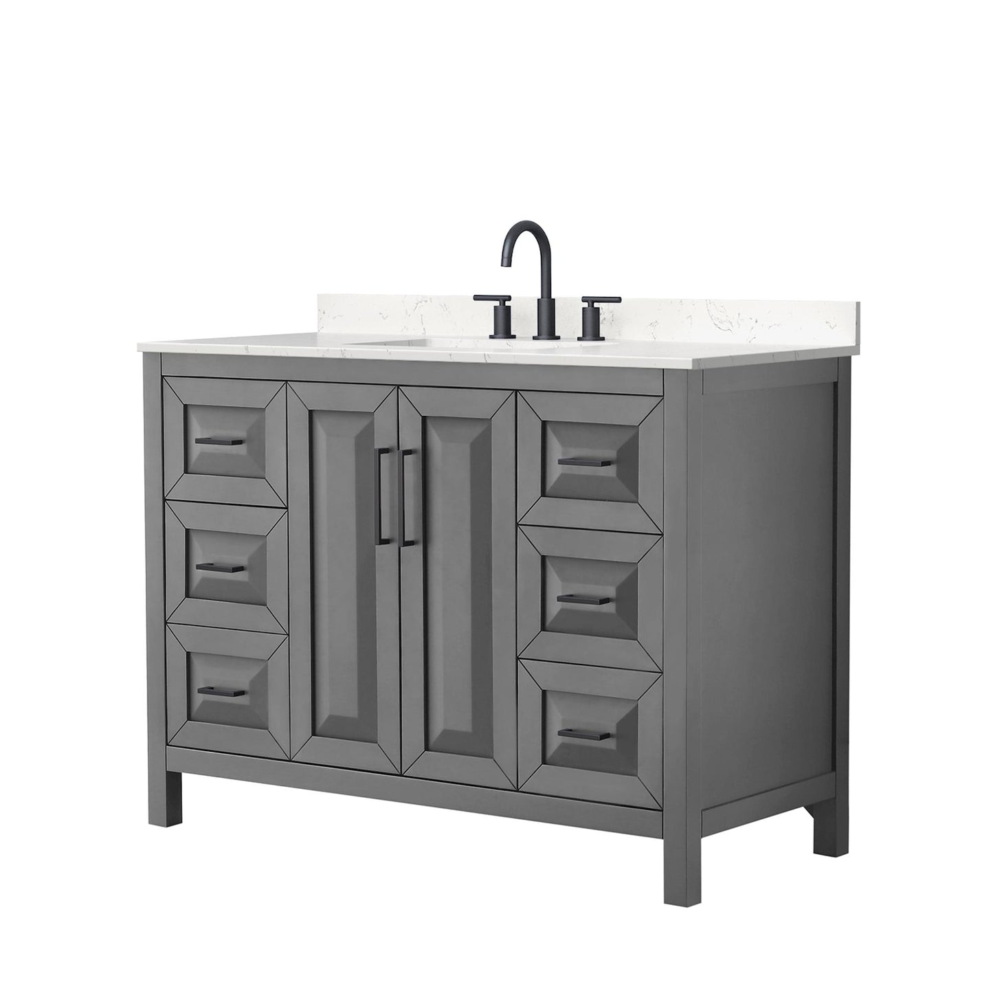 Wyndham Collection Daria 48" Single Bathroom Vanity in Dark Gray, Carrara Cultured Marble Countertop, Undermount Square Sink (3-Hole), Matte Black Trim