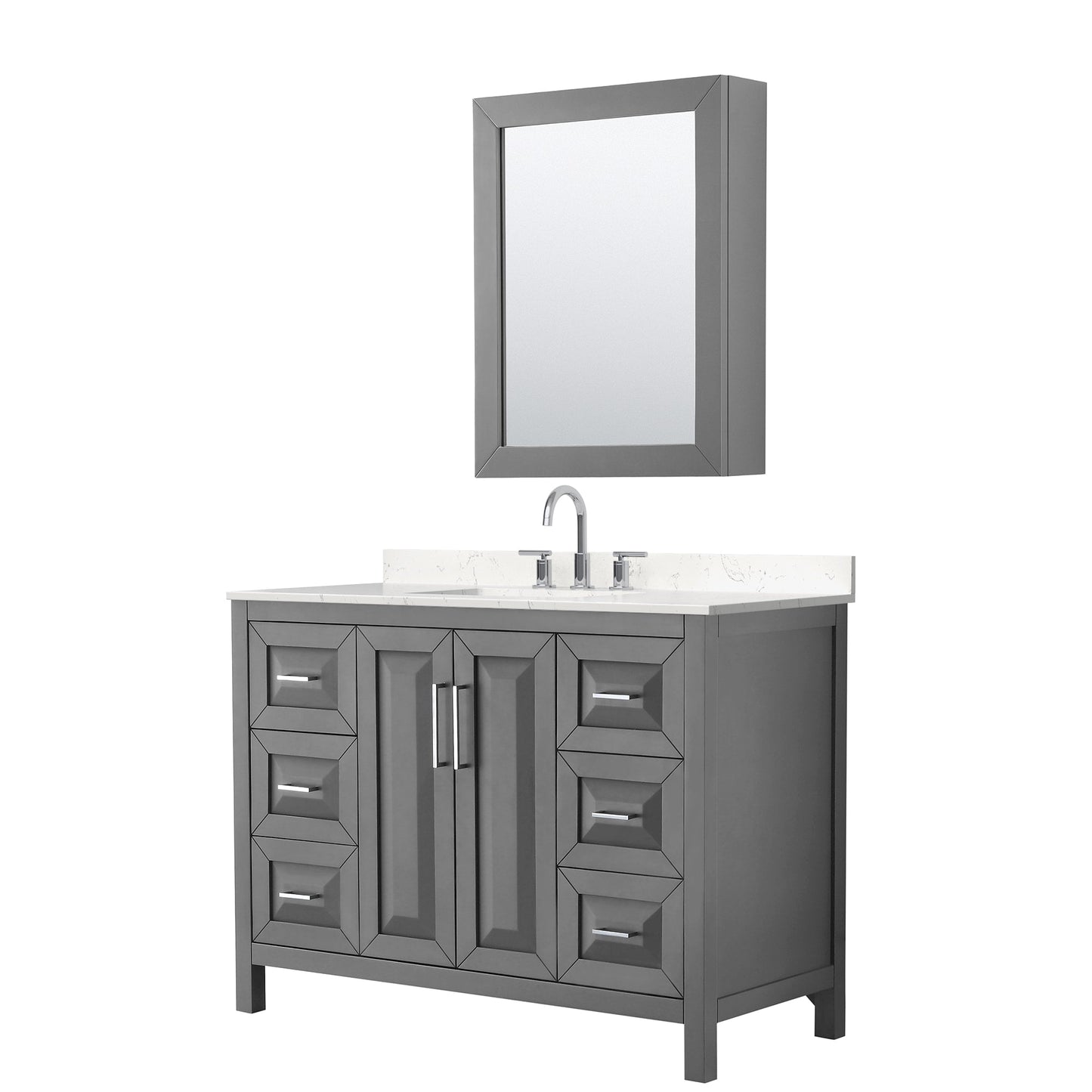 Wyndham Collection Daria 48" Single Bathroom Vanity in Dark Gray, Carrara Cultured Marble Countertop, Undermount Square Sink (3-Hole), Polished Chrome Trim, Medicine Cabinet