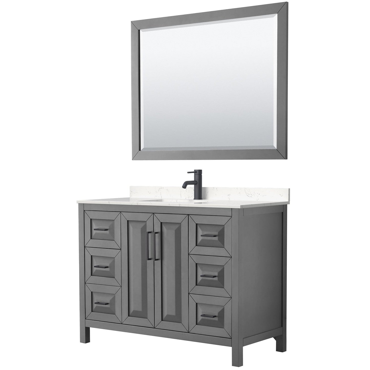 Wyndham Collection Daria 48" Single Bathroom Vanity in Dark Gray, Carrara Cultured Marble Countertop, Undermount Square Sink, Matte Black Trim, 46" Mirror