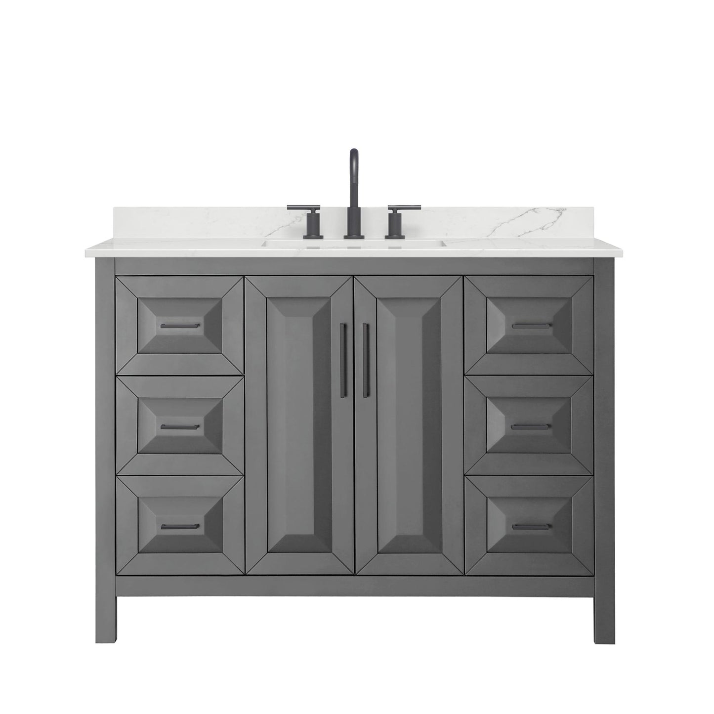 Wyndham Collection Daria 48" Single Bathroom Vanity in Dark Gray, Giotto Quartz Countertop, Undermount Square Sink (3-Hole), Matte Black Trim