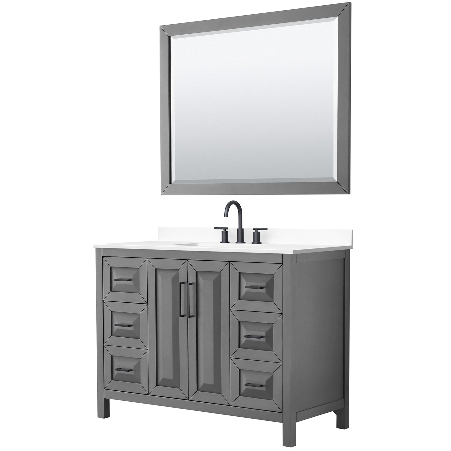 Wyndham Collection Daria 48" Single Bathroom Vanity in Dark Gray, White Cultured Marble Countertop, Undermount Square Sink (3-Hole), Matte Black Trim, 46" Mirror