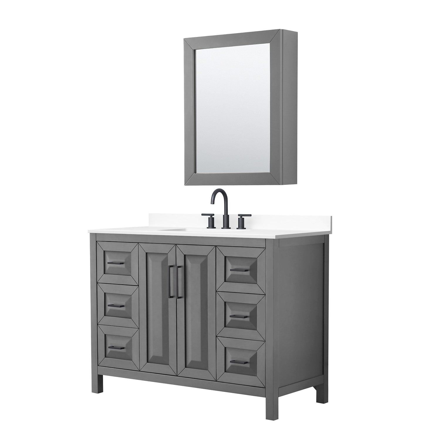 Wyndham Collection Daria 48" Single Bathroom Vanity in Dark Gray, White Cultured Marble Countertop, Undermount Square Sink (3-Hole), Matte Black Trim, Medicine Cabinet