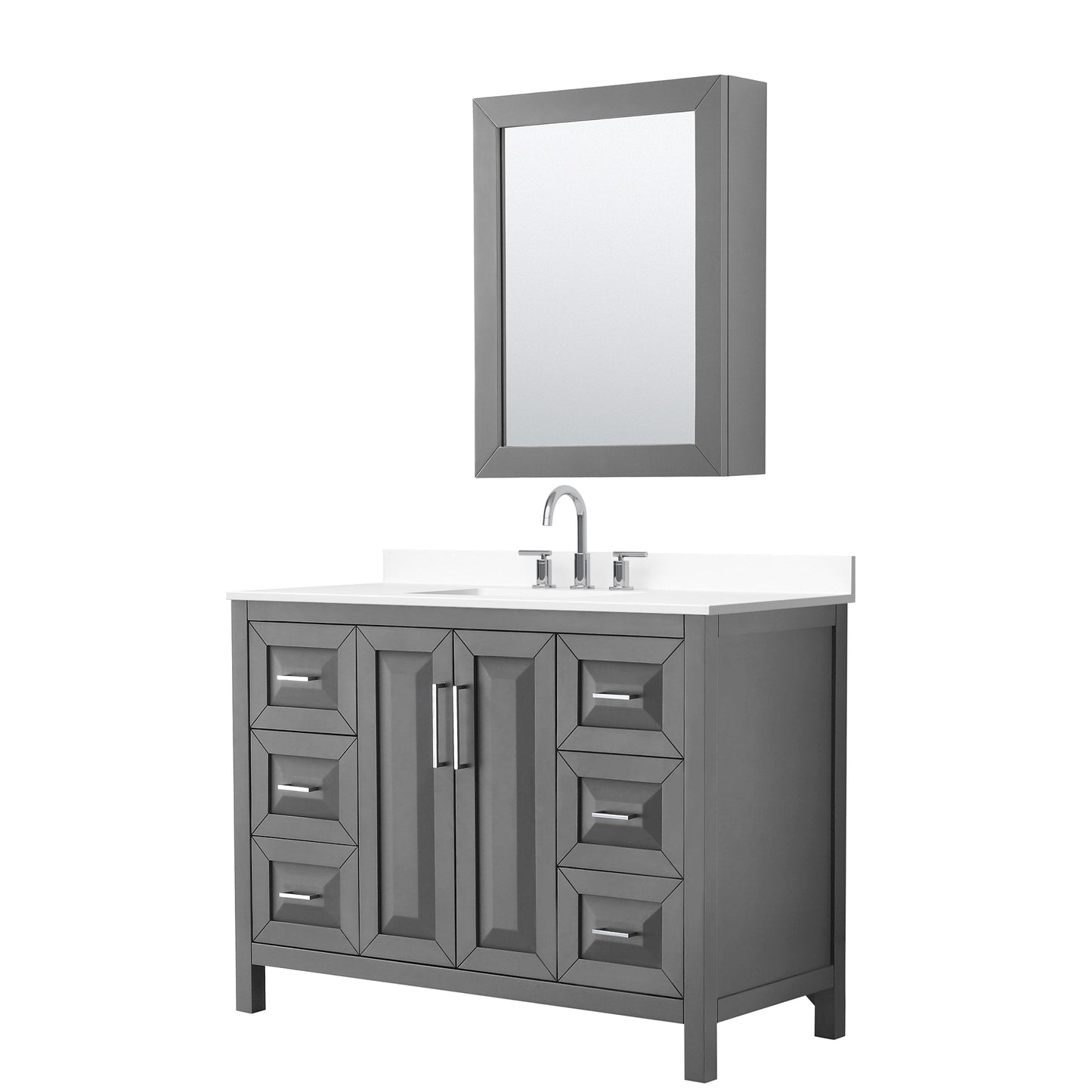Wyndham Collection Daria 48" Single Bathroom Vanity in Dark Gray, White Cultured Marble Countertop, Undermount Square Sink (3-Hole), Polished Chrome Trim, Medicine Cabinet