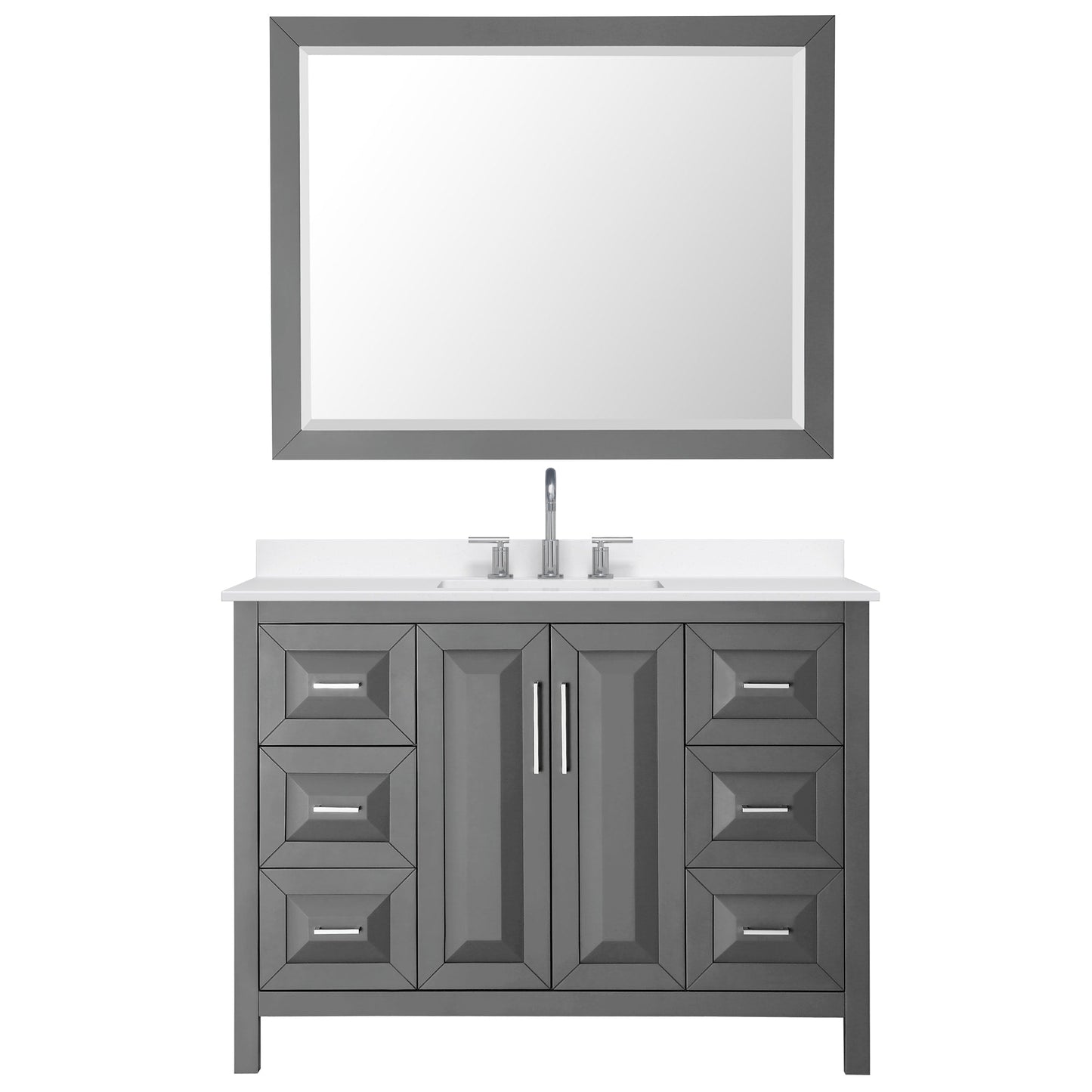 Wyndham Collection Daria 48" Single Bathroom Vanity in Dark Gray, White Quartz Countertop, Undermount Square Sink (3-Hole), Polished Chrome Trim, 46" Mirror