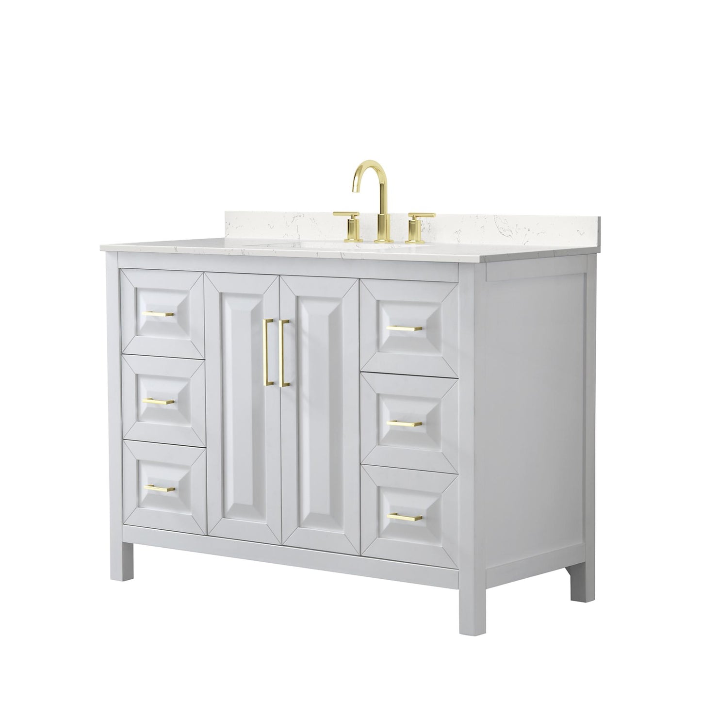 Wyndham Collection Daria 48" Single Bathroom Vanity in White, Carrara Cultured Marble Countertop, Undermount Square Sink (3-Hole), Brushed Gold Trim