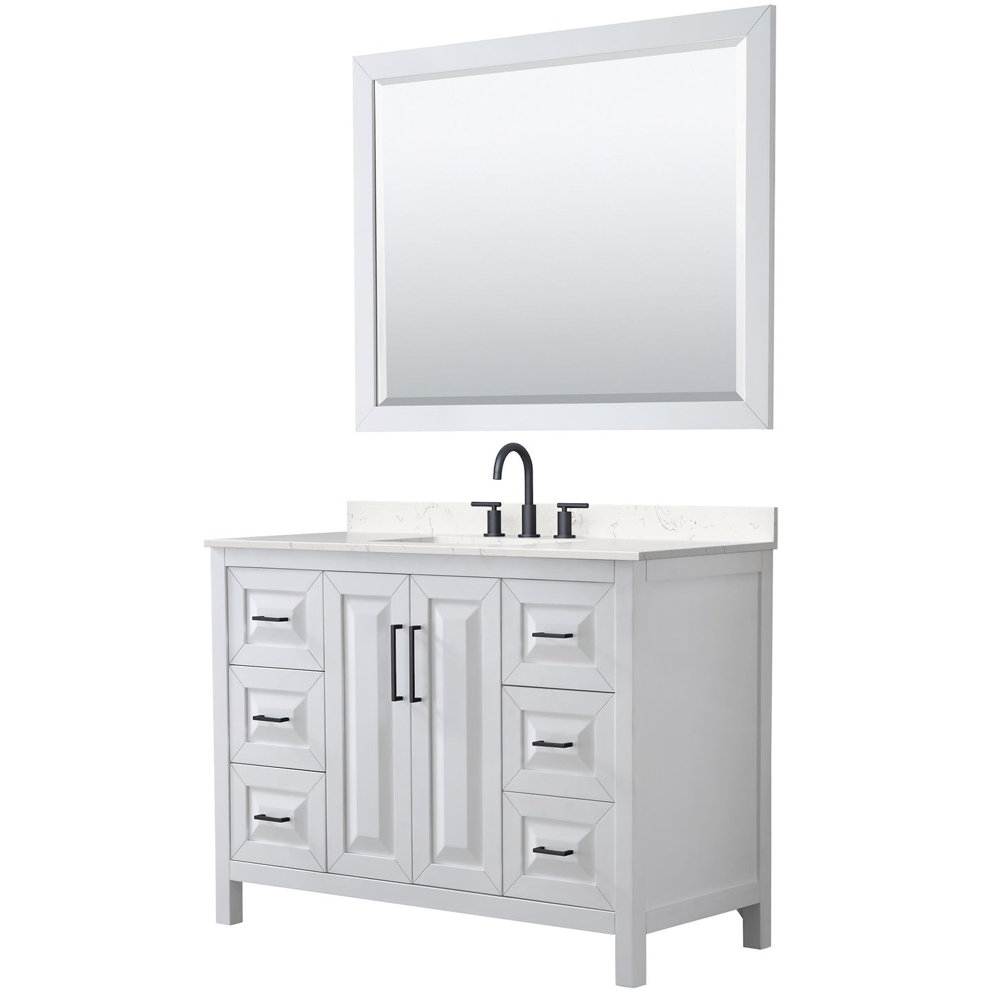 Wyndham Collection Daria 48" Single Bathroom Vanity in White, Carrara Cultured Marble Countertop, Undermount Square Sink (3-Hole), Matte Black Trim, 46" Mirror