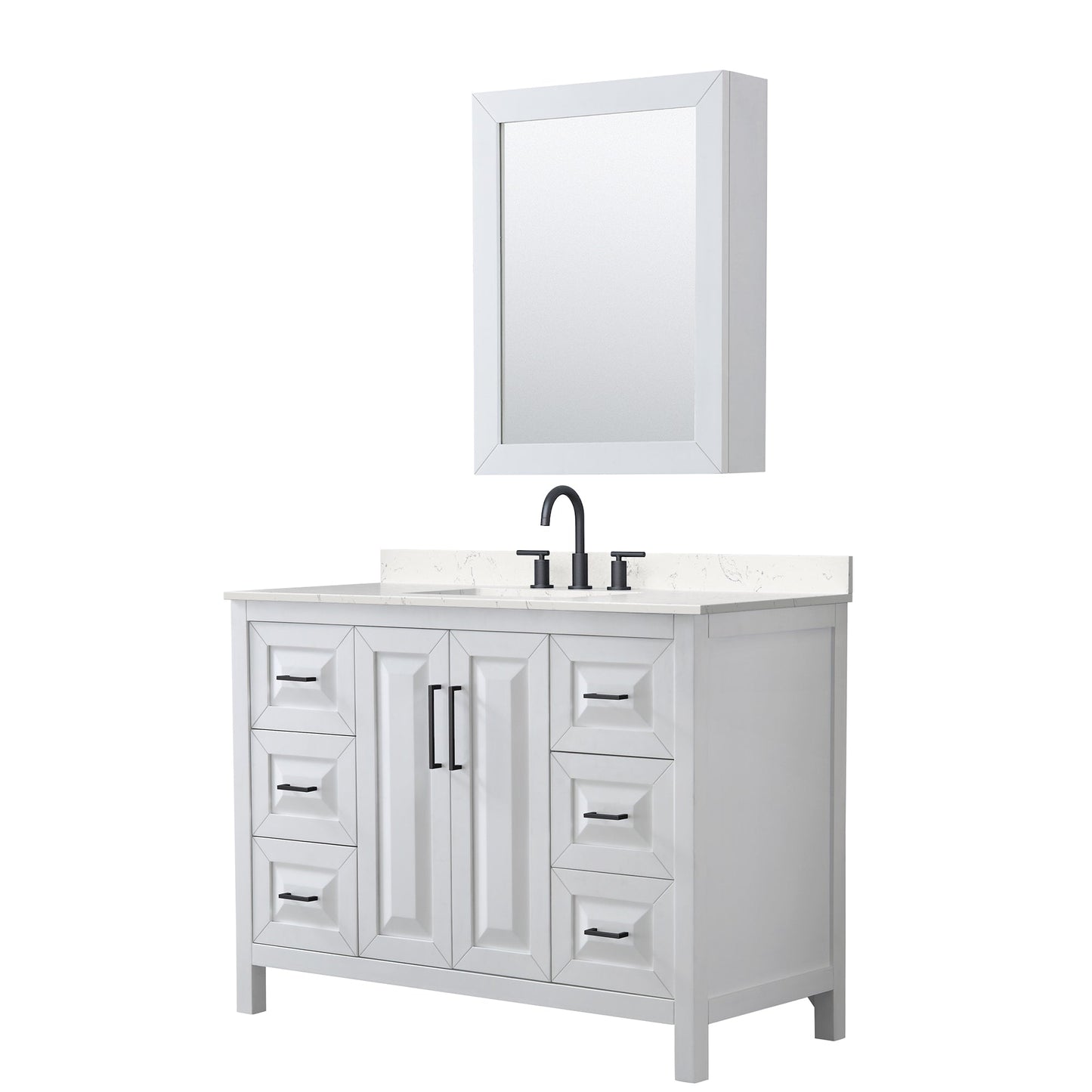 Wyndham Collection Daria 48" Single Bathroom Vanity in White, Carrara Cultured Marble Countertop, Undermount Square Sink (3-Hole), Matte Black Trim, Medicine Cabinet