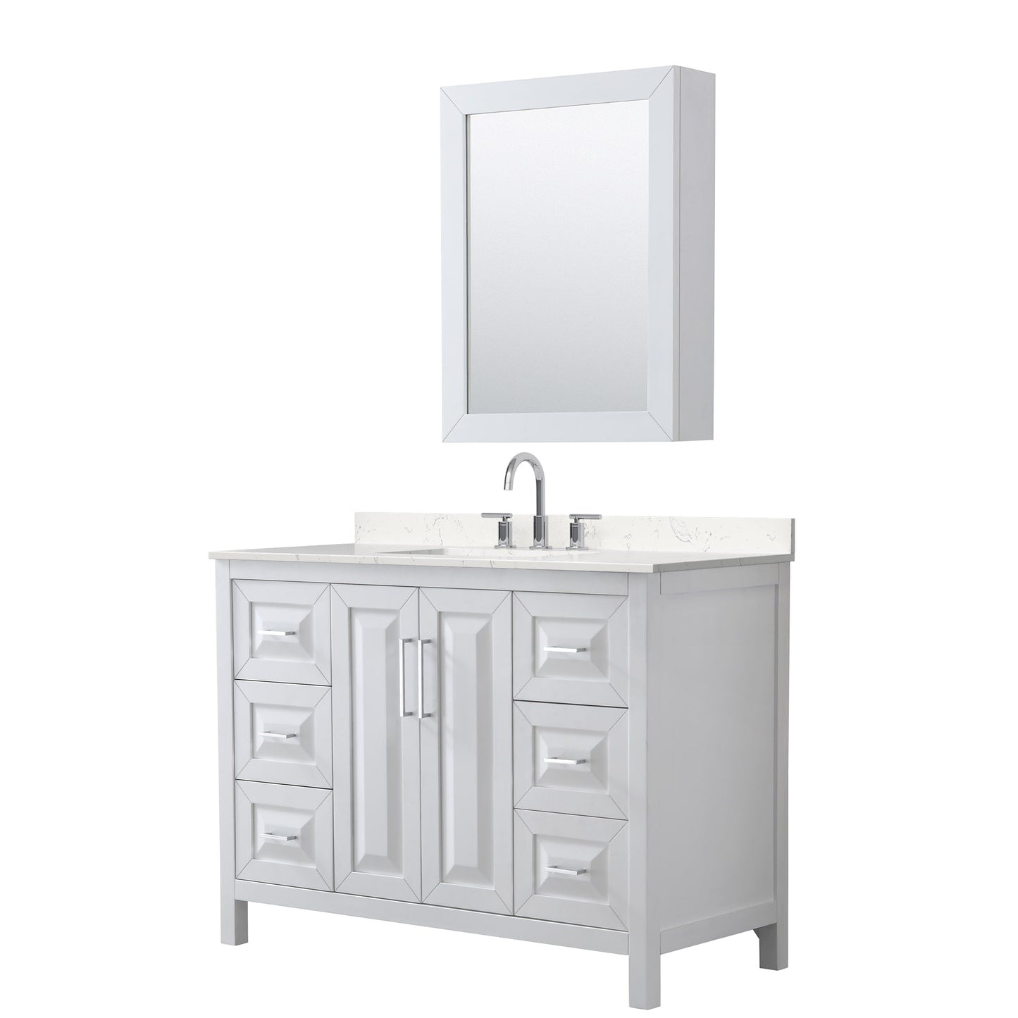 Wyndham Collection Daria 48" Single Bathroom Vanity in White, Carrara Cultured Marble Countertop, Undermount Square Sink (3-Hole), Polished Chrome Trim, Medicine Cabinet