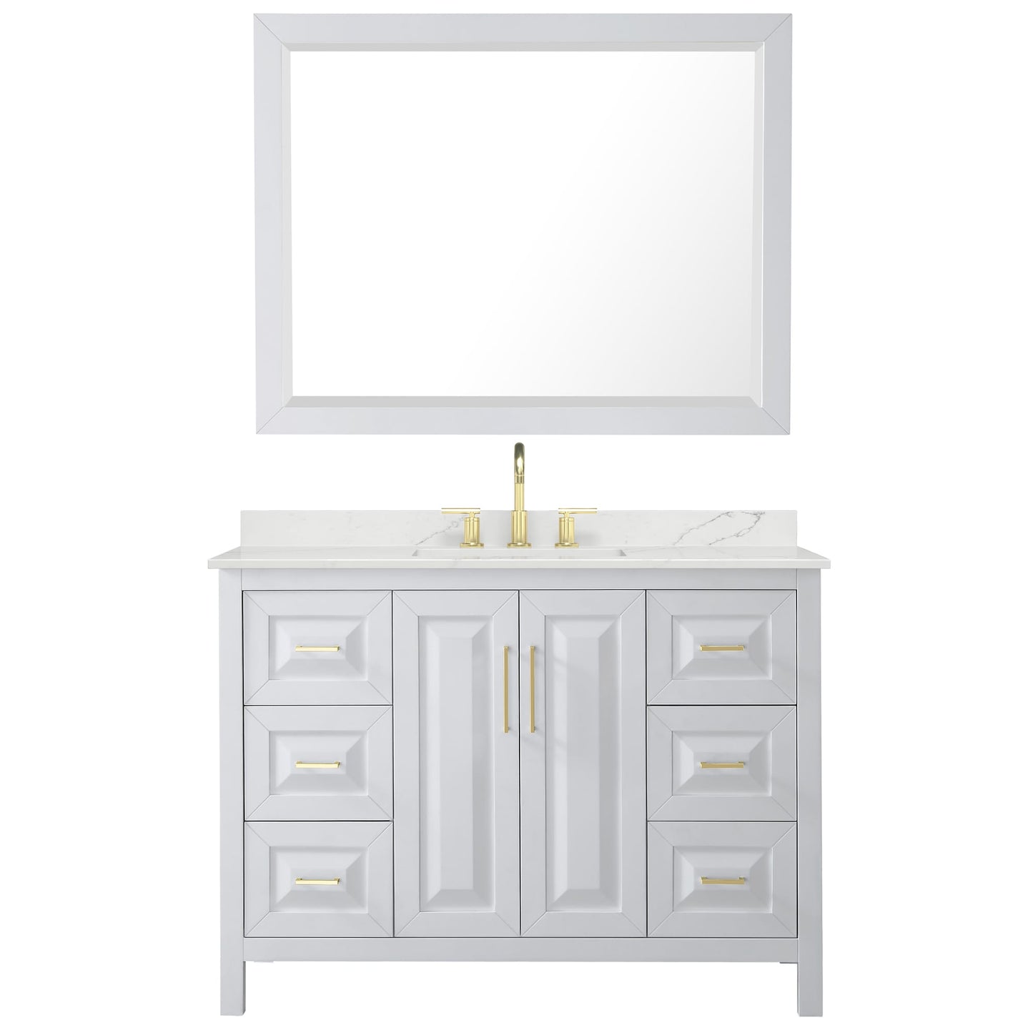 Wyndham Collection Daria 48" Single Bathroom Vanity in White, Giotto Quartz Countertop, Undermount Square Sink (3-Hole), Brushed Gold Trim, 46" Mirror