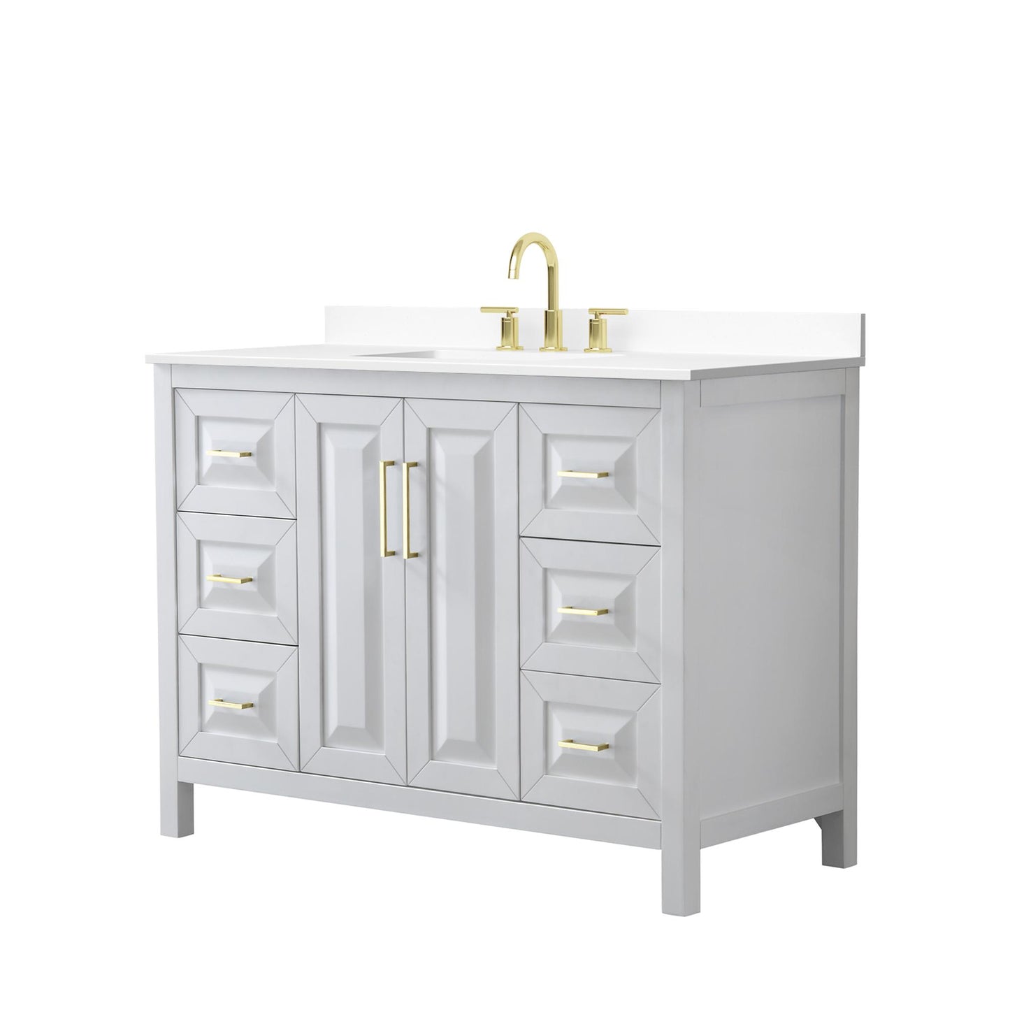 Wyndham Collection Daria 48" Single Bathroom Vanity in White, White Cultured Marble Countertop, Undermount Square Sink (3-Hole), Brushed Gold Trim