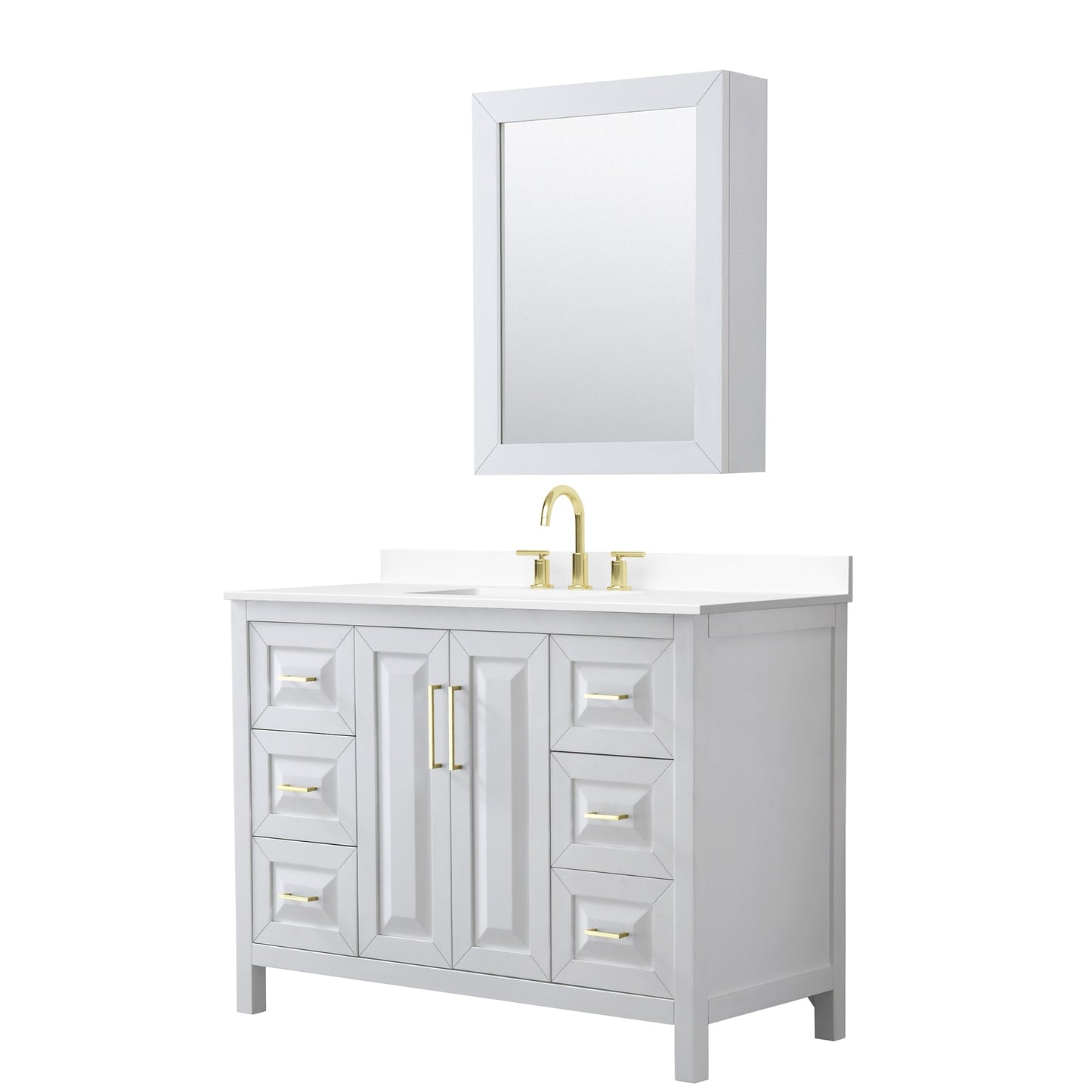 Wyndham Collection Daria 48" Single Bathroom Vanity in White, White Cultured Marble Countertop, Undermount Square Sink (3-Hole), Medicine Cabinet, Brushed Gold Trim