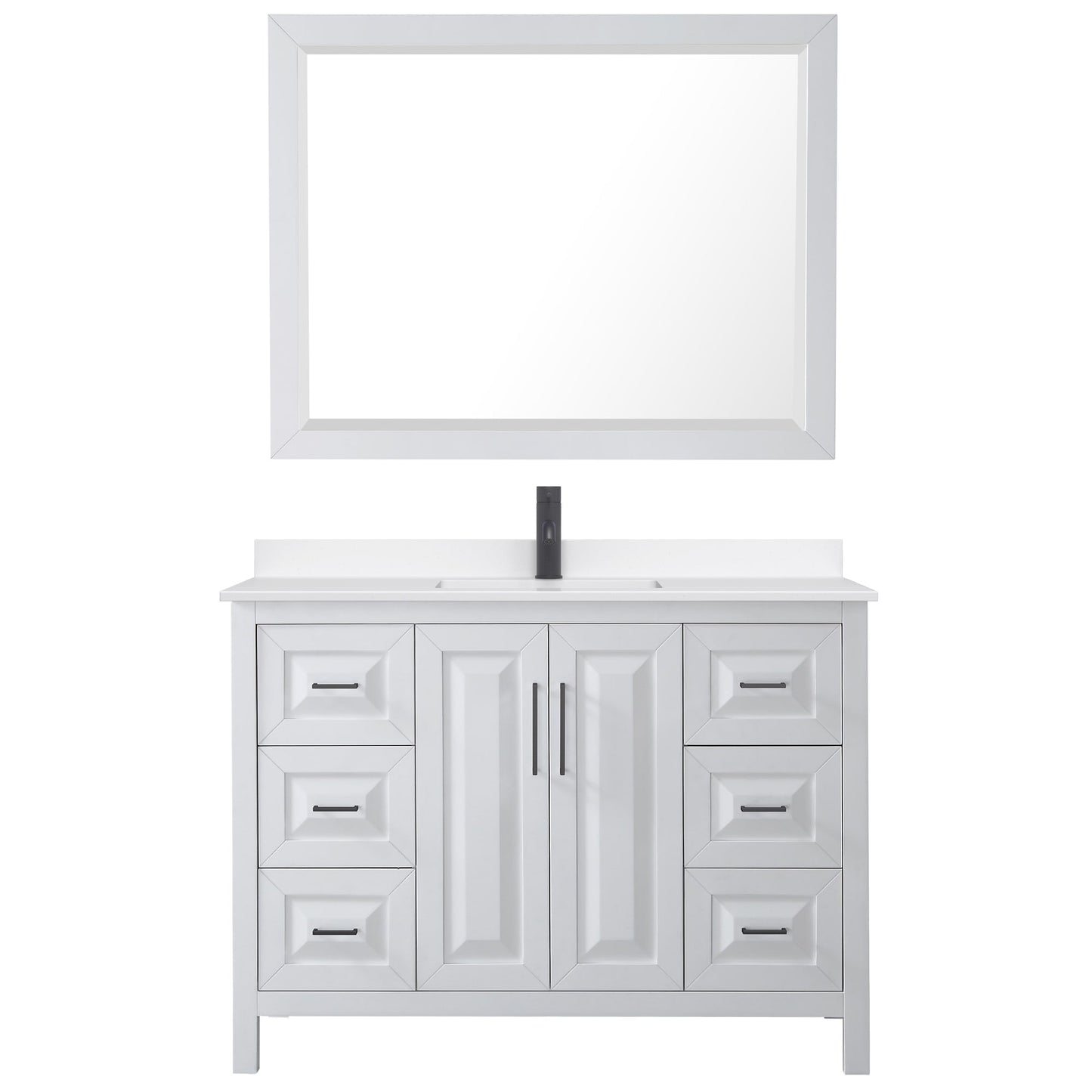 Wyndham Collection Daria 48" Single Bathroom Vanity in White, White Quartz Countertop, Undermount Square Sink (1-Hole), Matte Black Trim, 46" Mirror