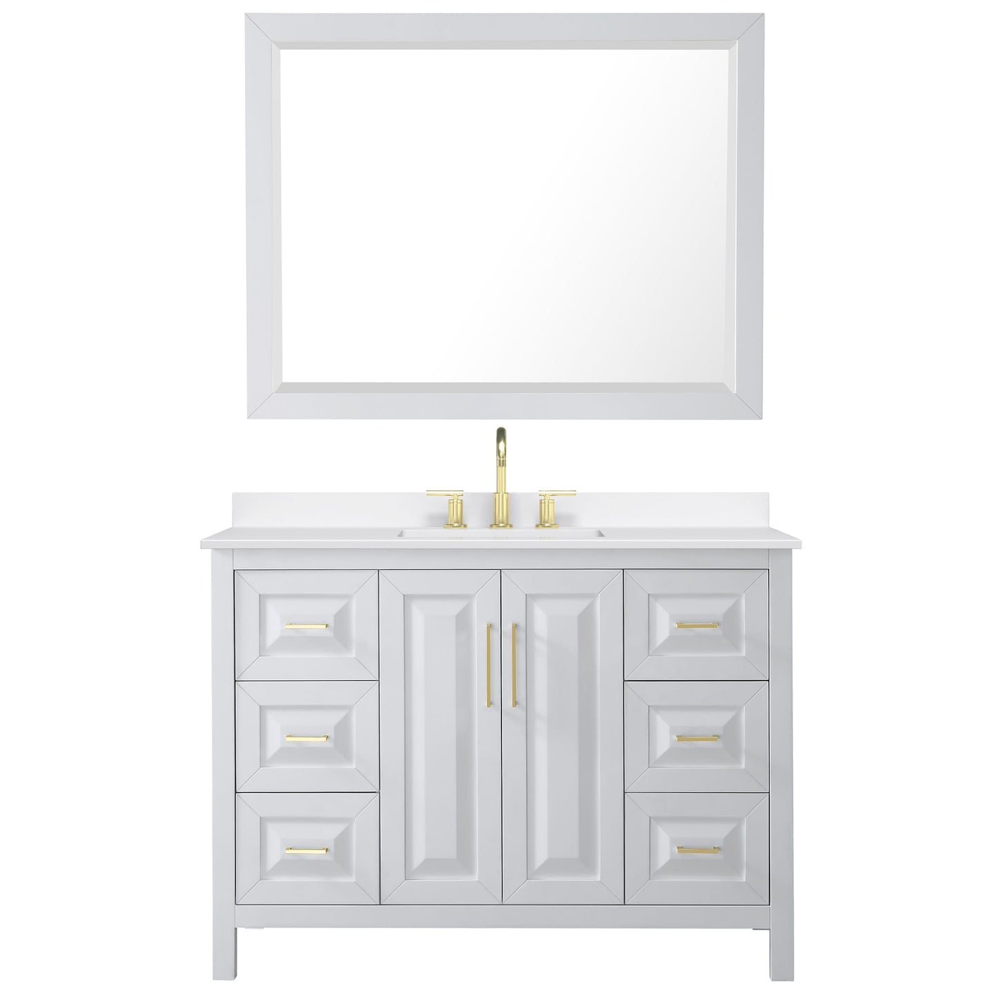 Wyndham Collection Daria 48" Single Bathroom Vanity in White, White Quartz Countertop, Undermount Square Sink (3-Hole), Brushed Gold Trim, 46" Mirror