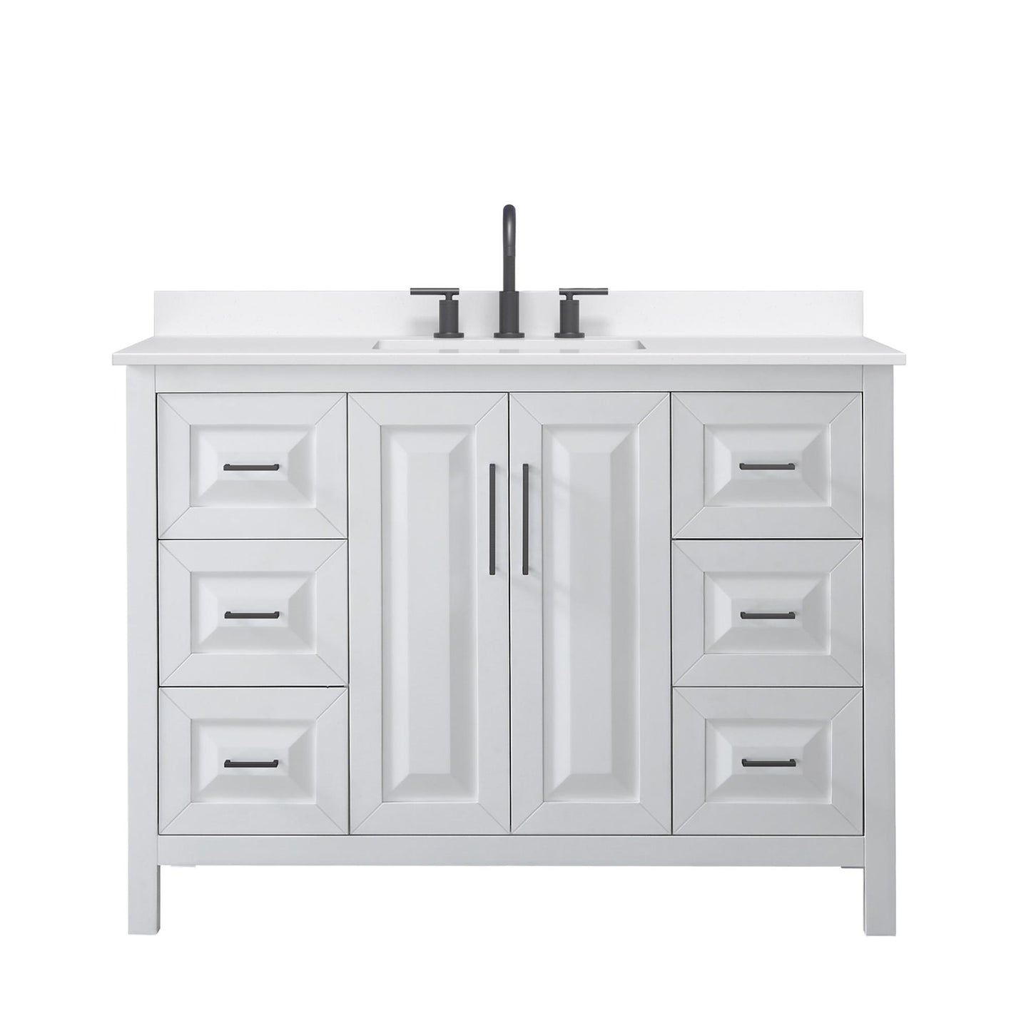 Wyndham Collection Daria 48" Single Bathroom Vanity in White, White Quartz Countertop, Undermount Square Sink (3-Hole), Matte Black Trim
