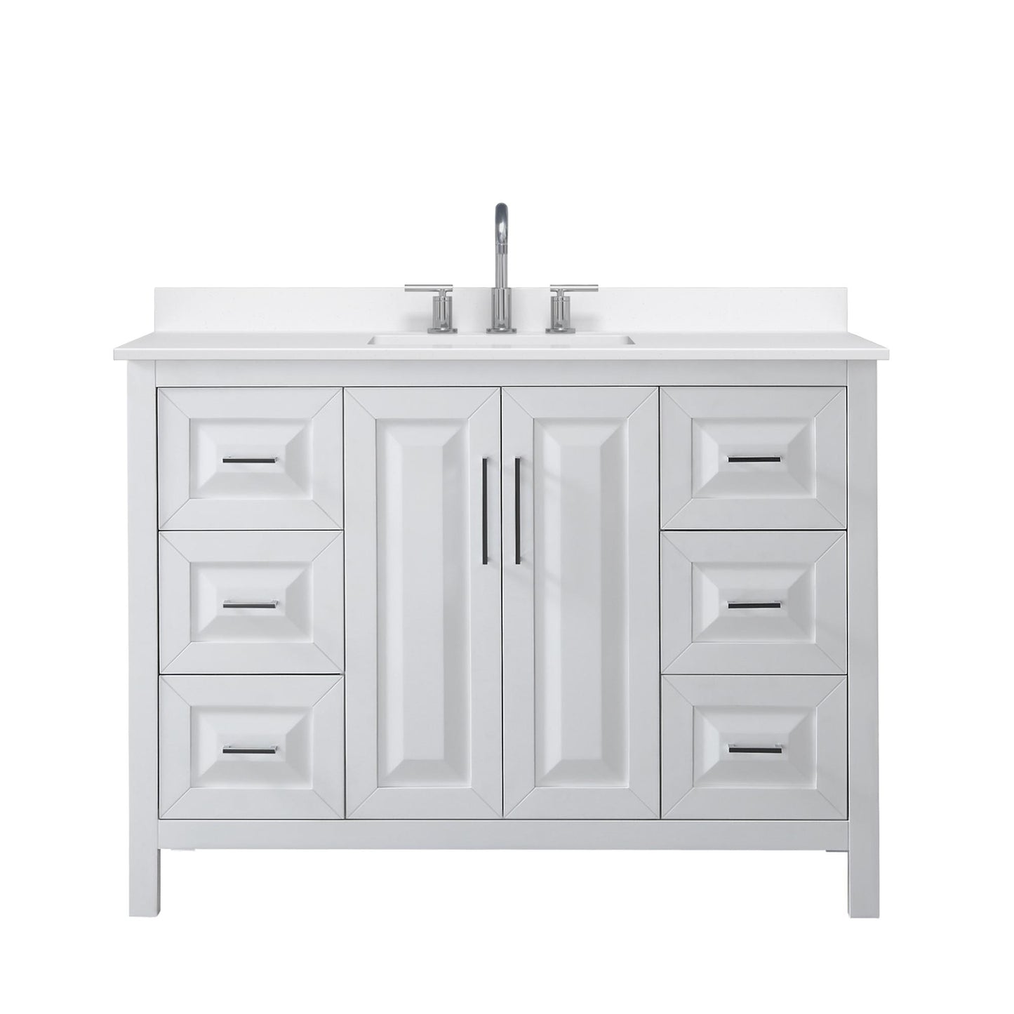 Wyndham Collection Daria 48" Single Bathroom Vanity in White, White Quartz Countertop, Undermount Square Sink (3-Hole), Polished Chrome Trim