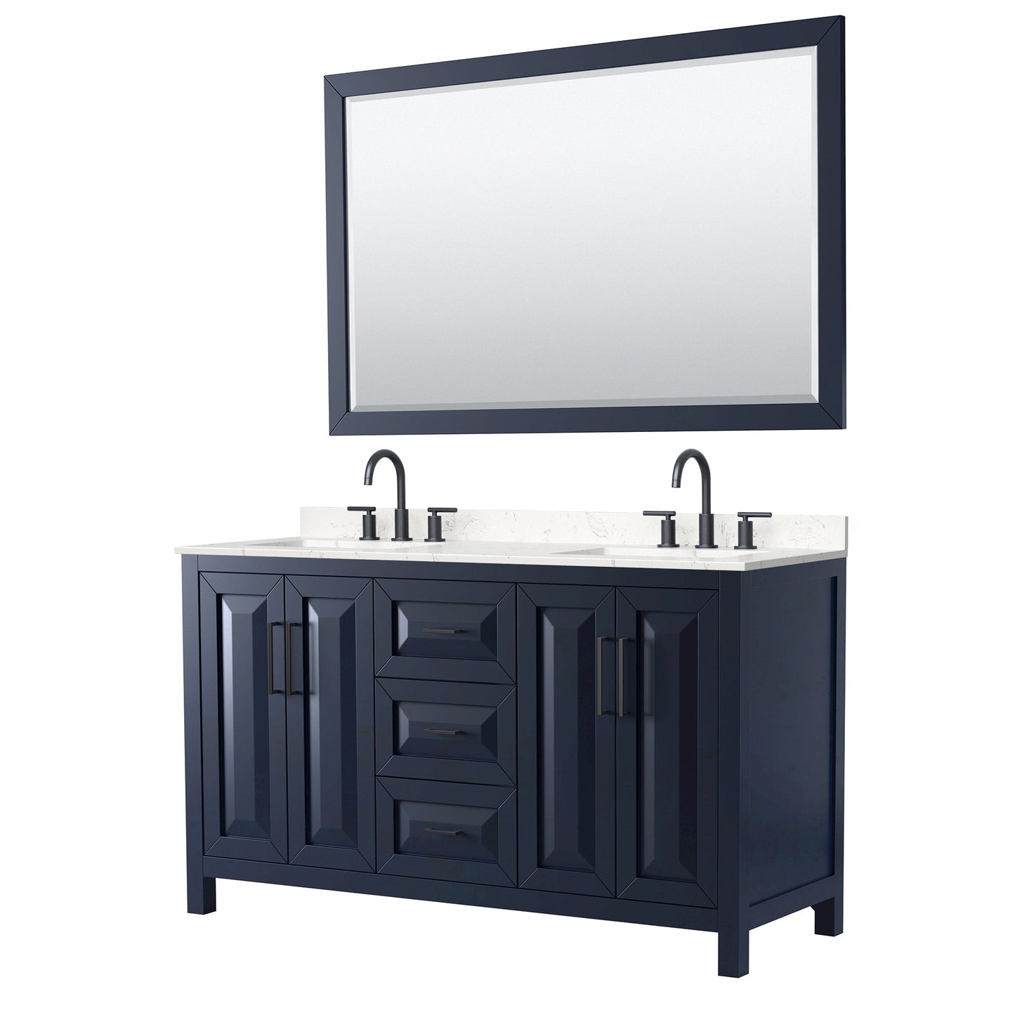 Wyndham Collection Daria 60" Double Bathroom Vanity in Dark Blue, Carrara Cultured Marble Countertop, Undermount Square Sinks (3-Hole), Matte Black Trim, 58" Mirror