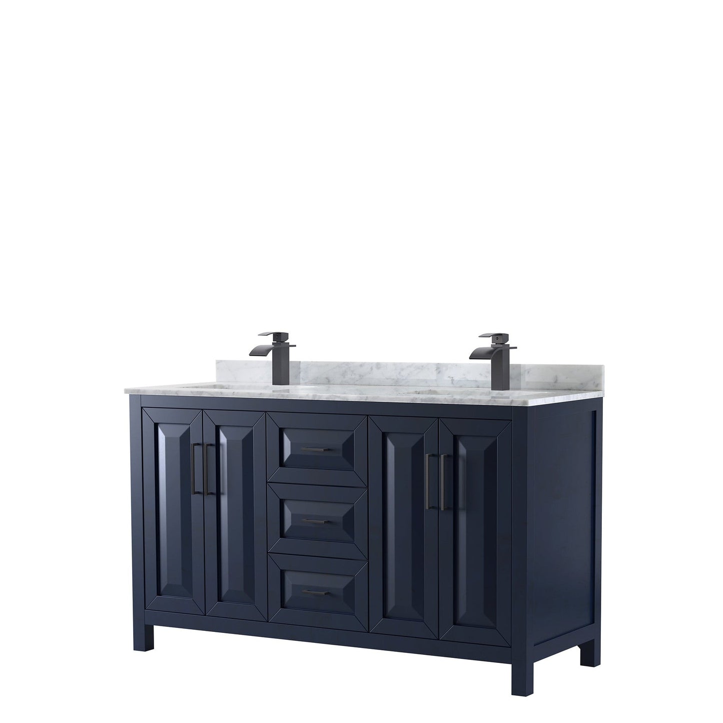 Wyndham Collection Daria 60" Double Bathroom Vanity in Dark Blue, White Carrara Marble Countertop, Undermount Square Sinks, Matte Black Trim