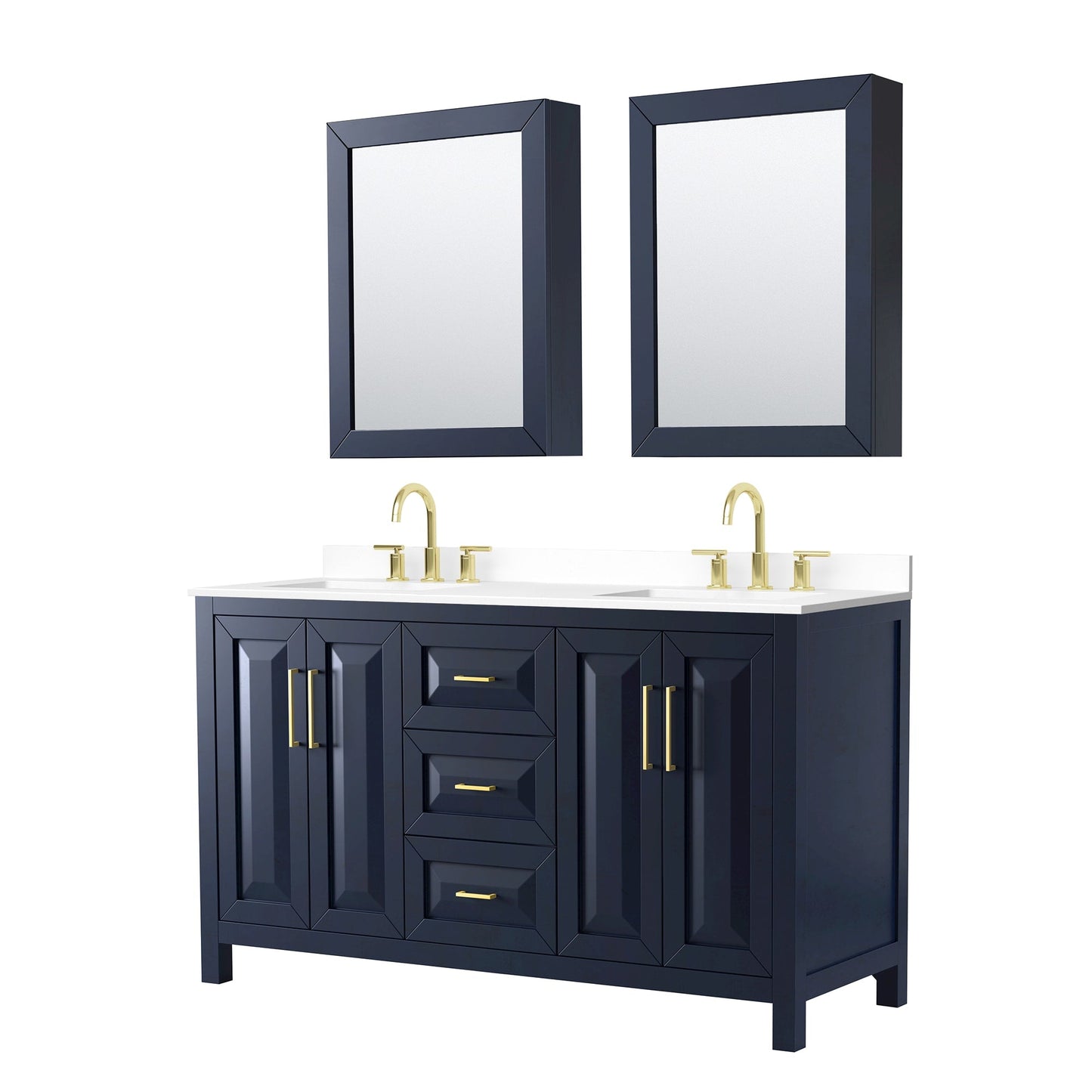 Wyndham Collection Daria 60" Double Bathroom Vanity in Dark Blue, White Cultured Marble Countertop, Undermount Square Sinks (3-Hole), Brushed Gold Trim, Medicine Cabinets