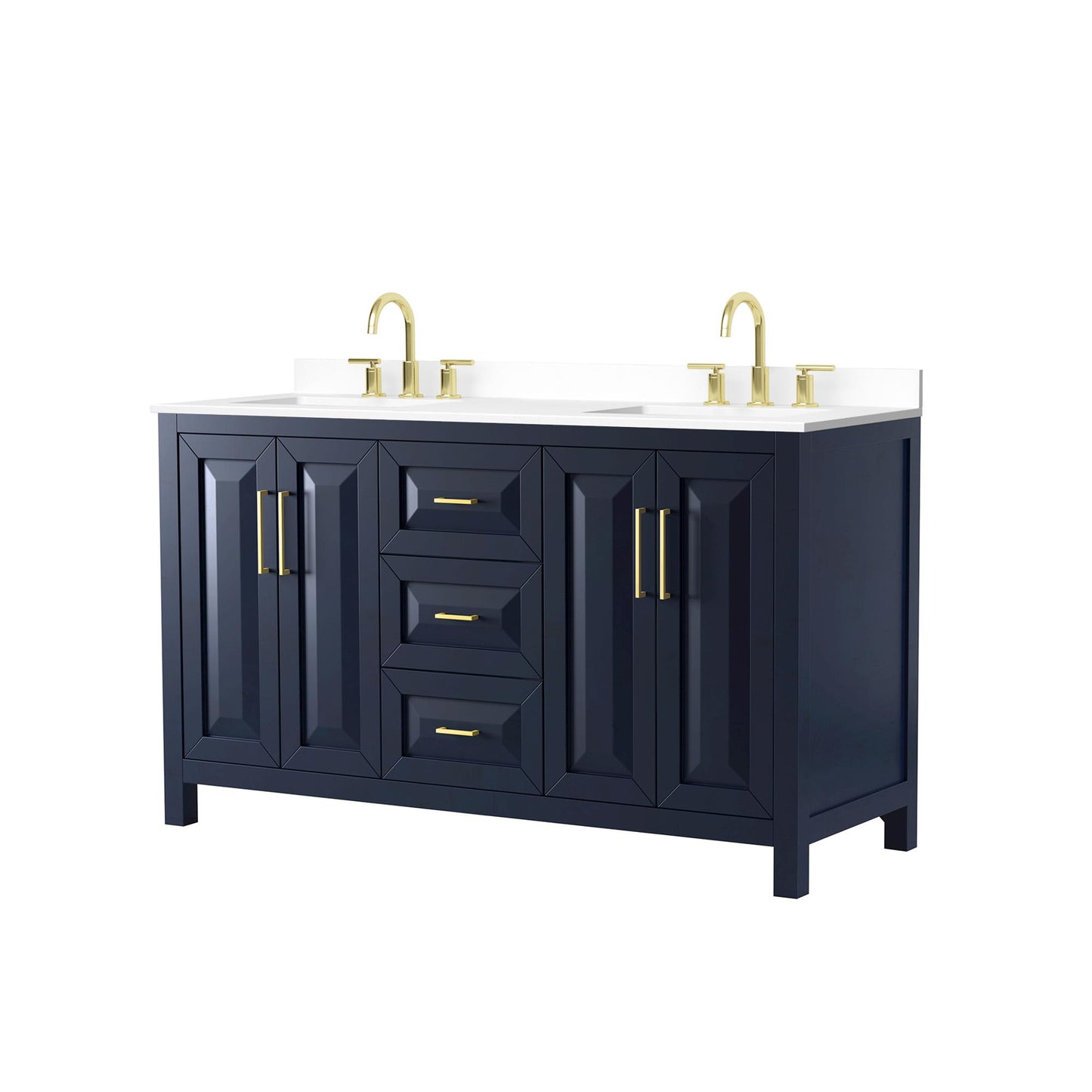 Wyndham Collection Daria 60" Double Bathroom Vanity in Dark Blue, White Cultured Marble Countertop, Undermount Square Sinks (3-Hole), Brushed Gold Trim