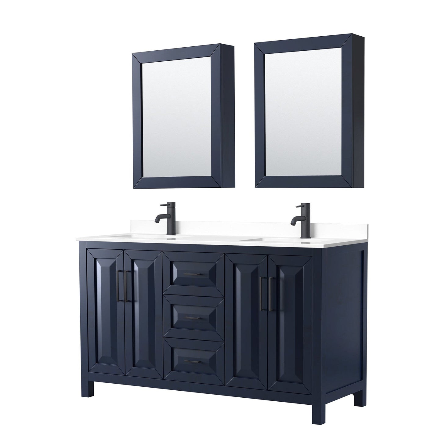 Wyndham Collection Daria 60" Double Bathroom Vanity in Dark Blue, White Cultured Marble Countertop, Undermount Square Sinks, Matte Black Trim, Medicine Cabinets