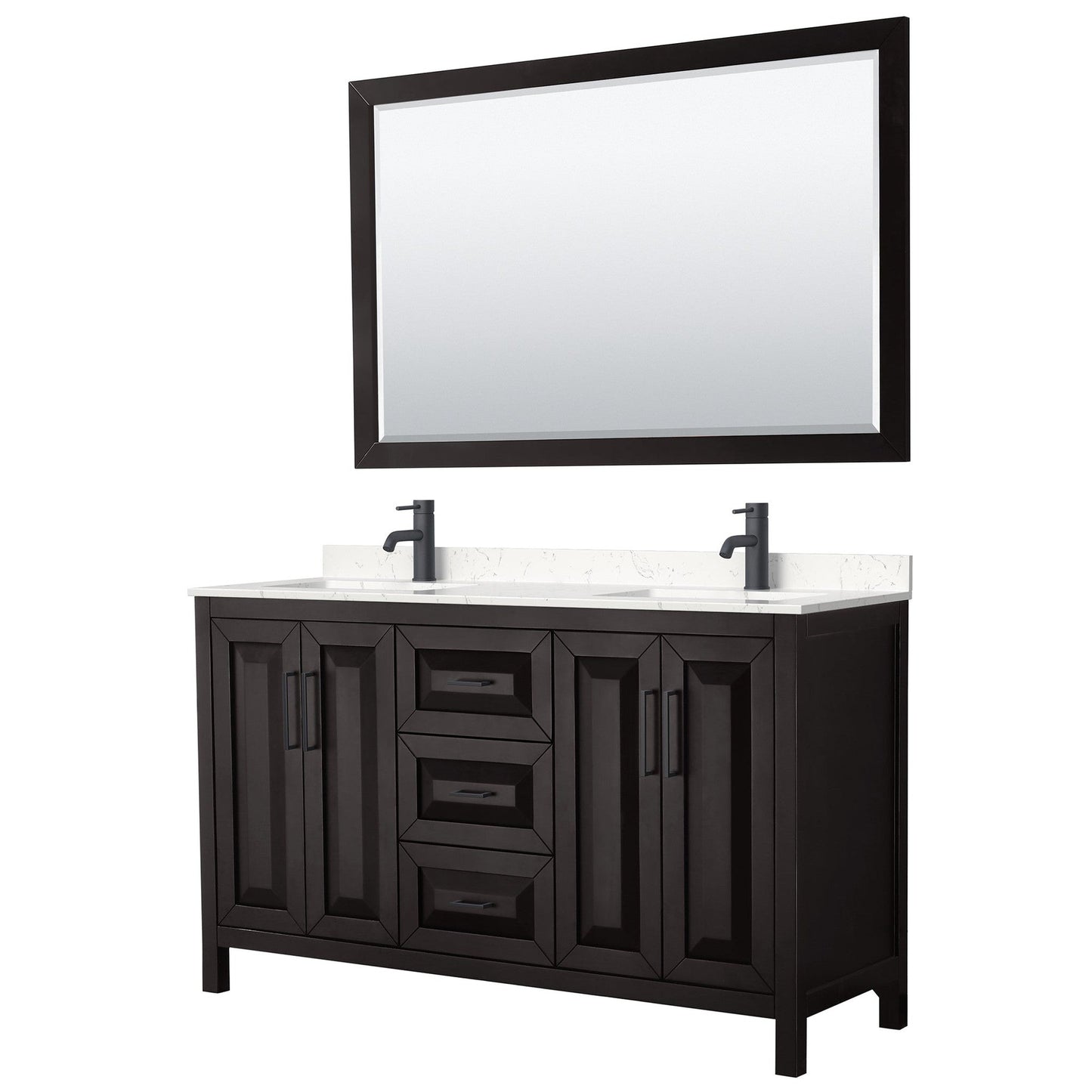 Wyndham Collection Daria 60" Double Bathroom Vanity in Dark Espresso, Carrara Cultured Marble Countertop, Undermount Square Sinks, Matte Black Trim, 58" Mirror