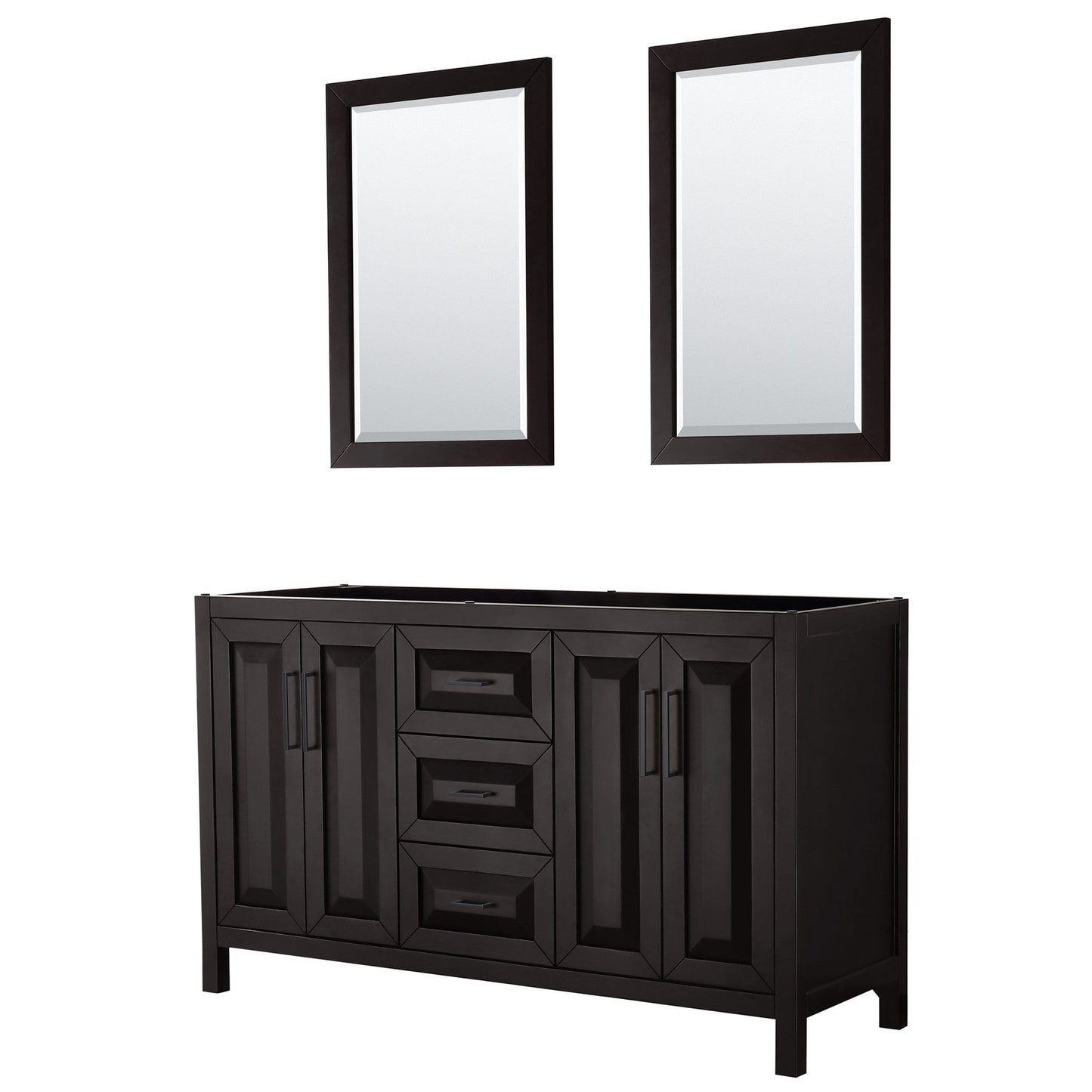 Wyndham Collection Daria 60" Double Bathroom Vanity in Dark Espresso, No Countertop, No Sink, Matte Black Trim, 24" Mirrors
